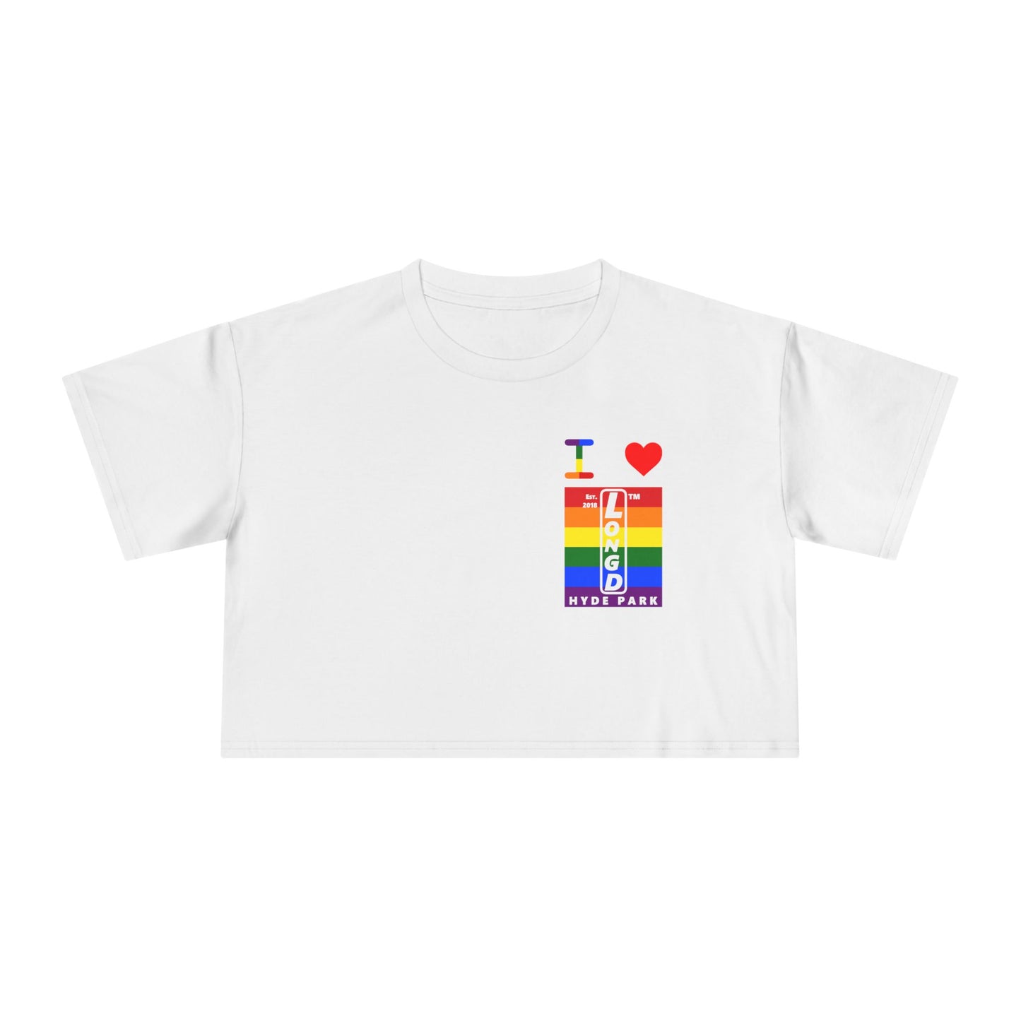 I Luv LongD Negative horizontal 6-striped upright single-breasted Hyde Park logo crop tee (Pride colors)