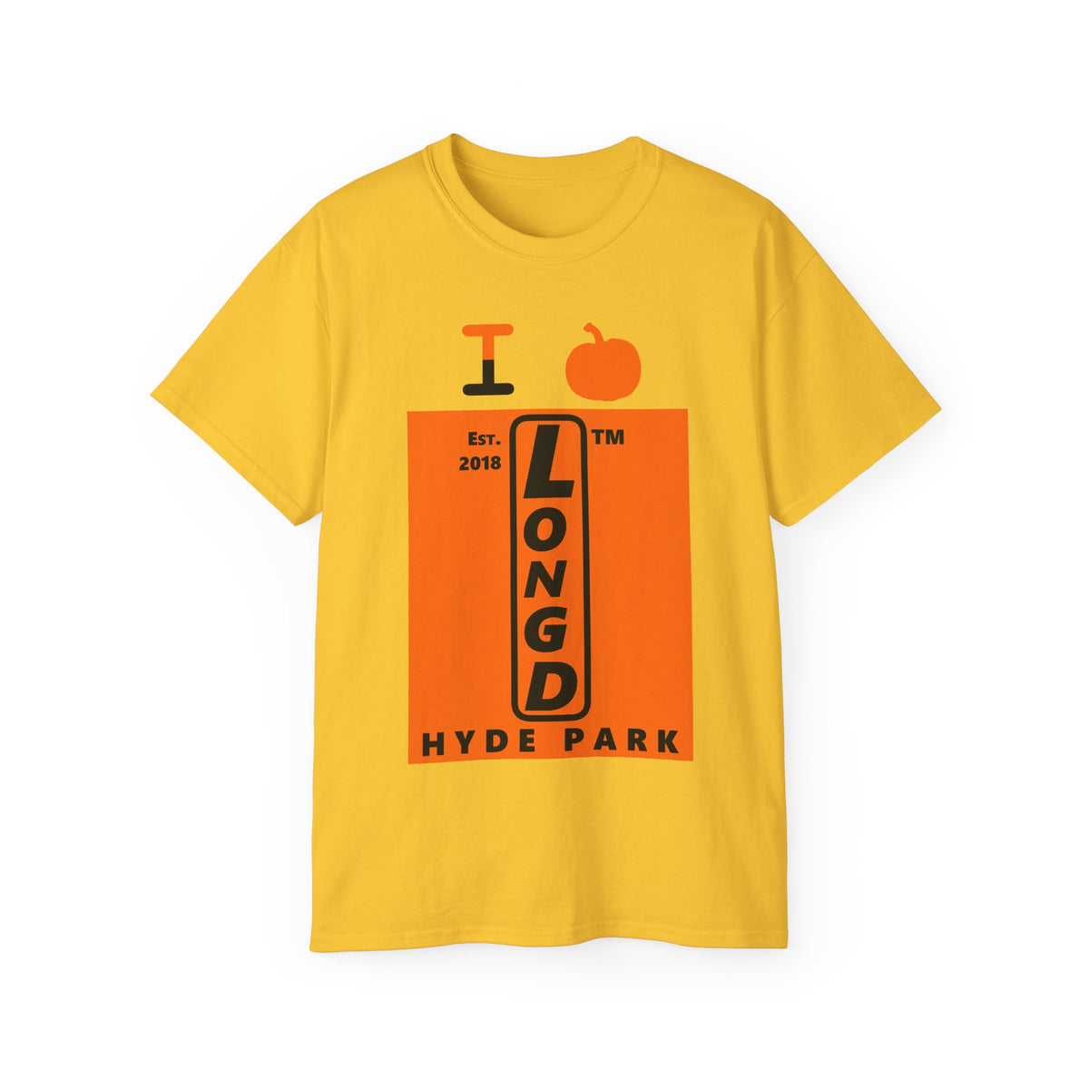 I pumpkin LongD Hyde Park upright logo positive black on negative orange cotton tee