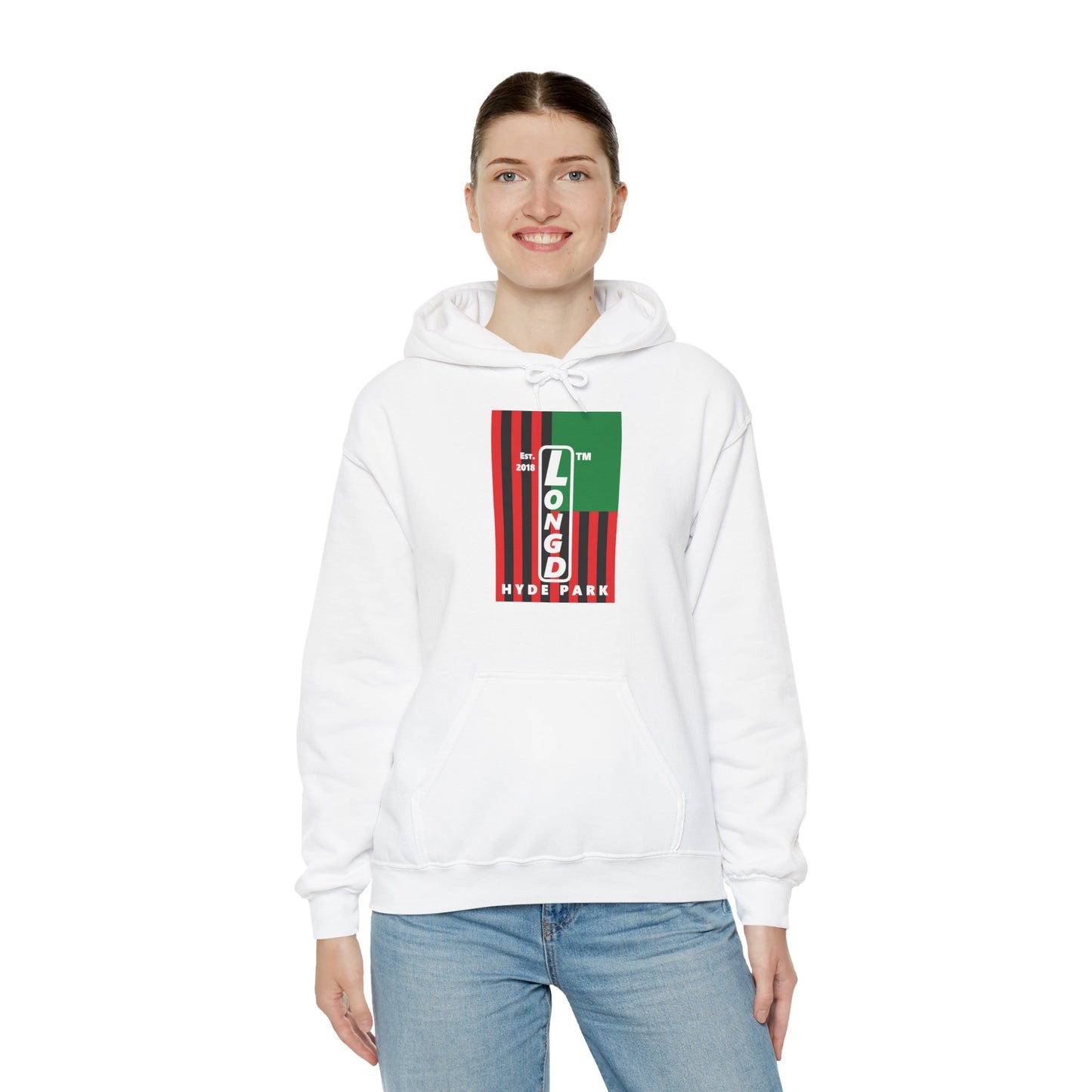 LongD® negative cropped flag upright Hyde Park logo hoodie (Juneteenth colors)
