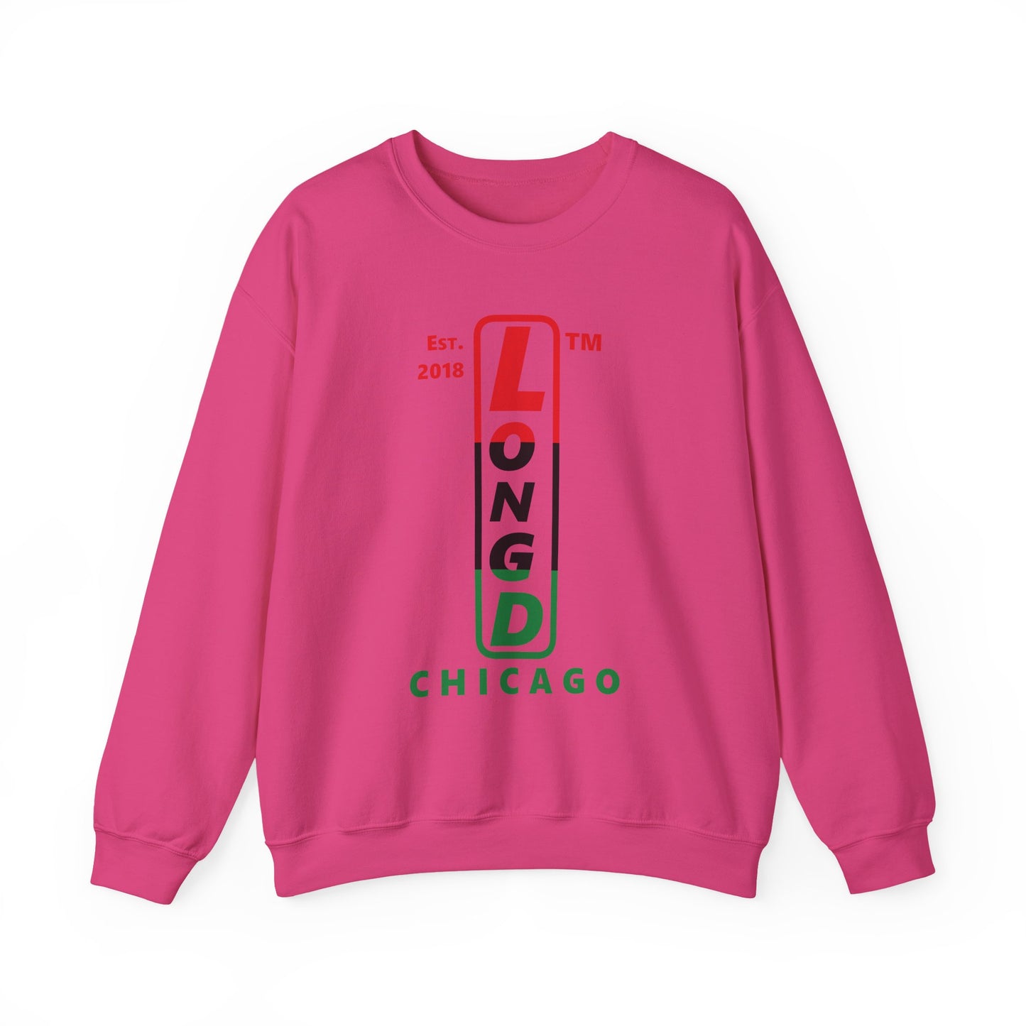 LongD positive horizontal 3-striped Chicago upright logo crewneck sweatshirt (Juneteenth colors)