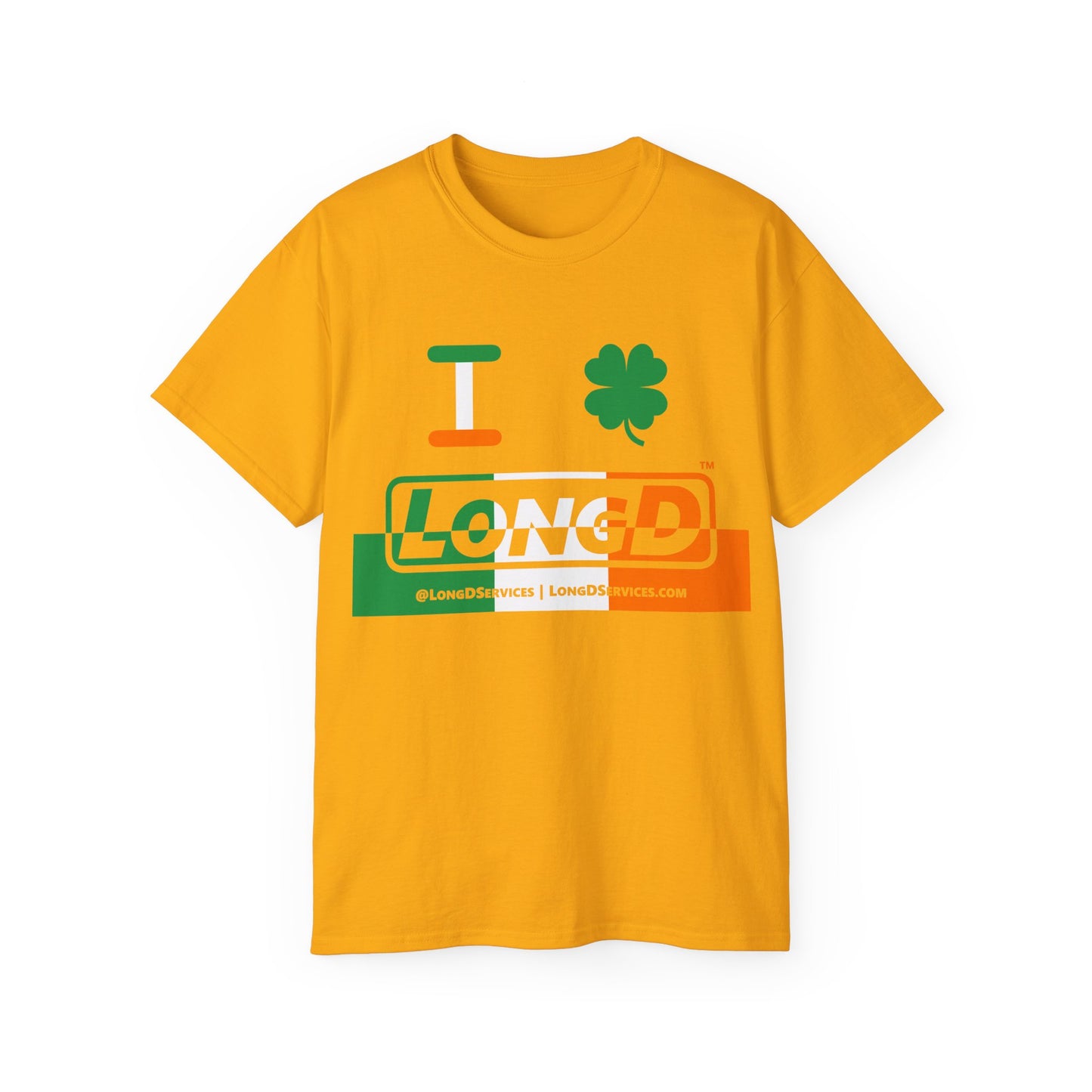 I Clover LongD® Logo Cotton Tee (St. Patrick's Day -Irish Green, White and Irish Orange thirds top-bottom positive-negative split with 4-leaf clover)
