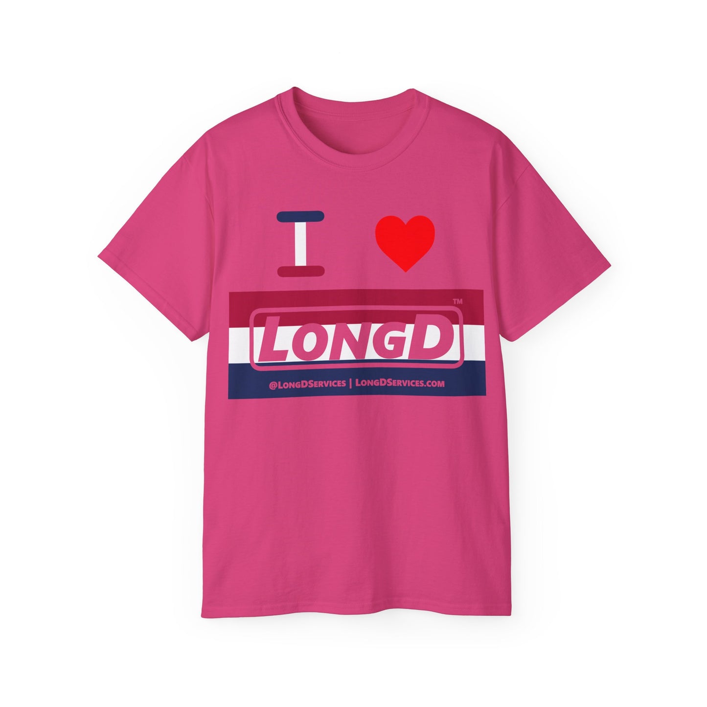 I Luv LongD® Logo Cotton Tee Red, White and Blue striped thirds text