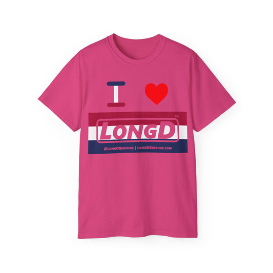 I Luv LongD® Logo Cotton Tee Red, White and Blue striped thirds text