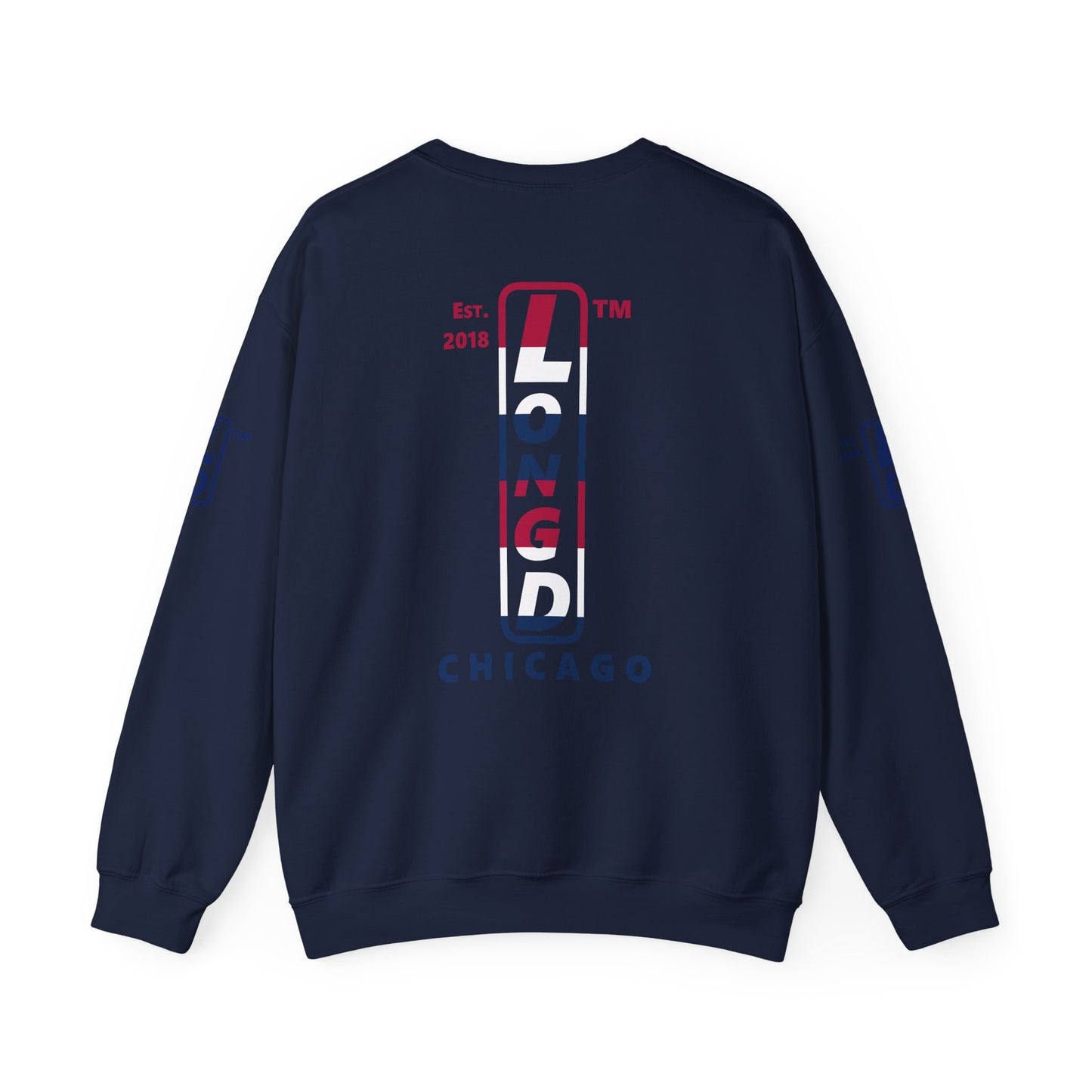 I Burst LongD positive horizontal 6-striped Chicago upright 4-print logo crewneck sweatshirt