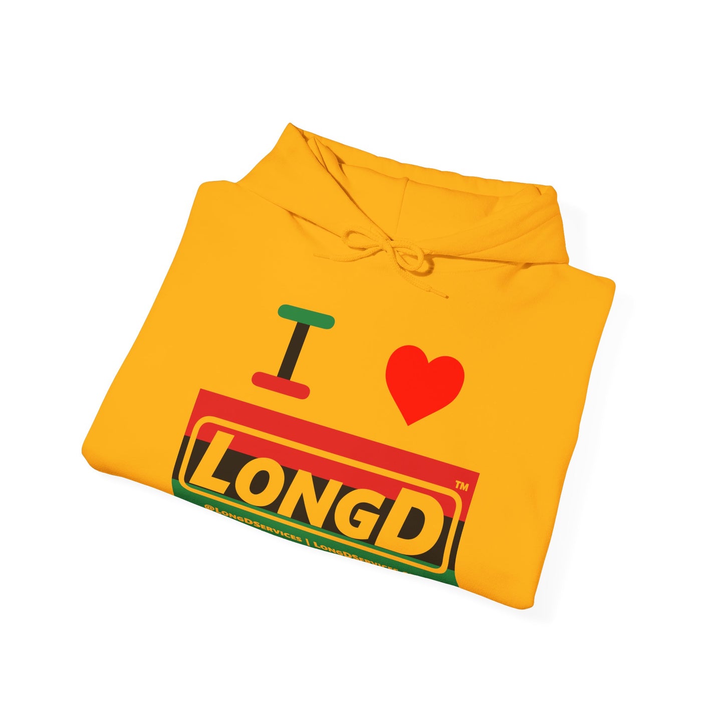 I Luv LongD® Logo Hoodie with Juneteenth striped negative text