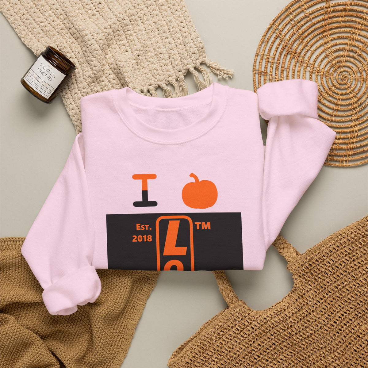 I pumpkin LongD Hyde Park upright logo positive orange on negative black crewneck sweatshirt