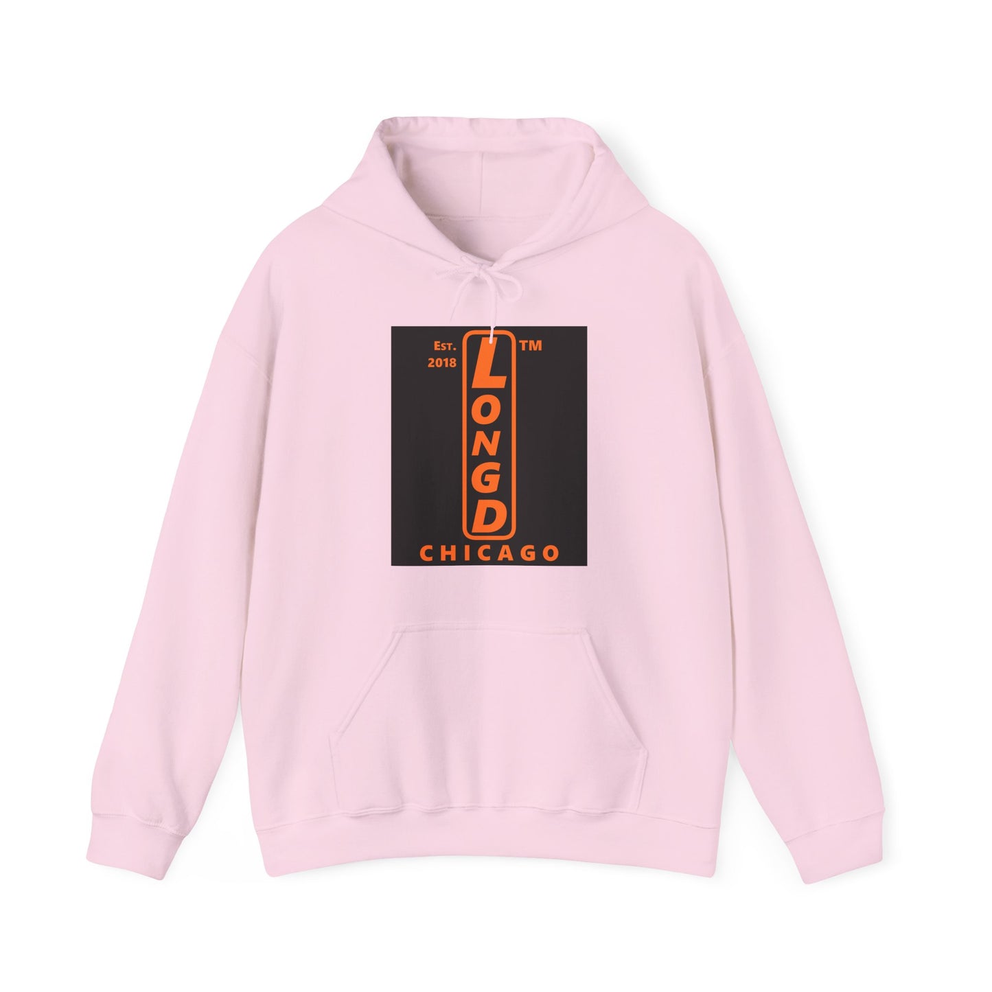 LongD Chicago upright front-back logo orange (FE7518) on Black (000000) hoodie