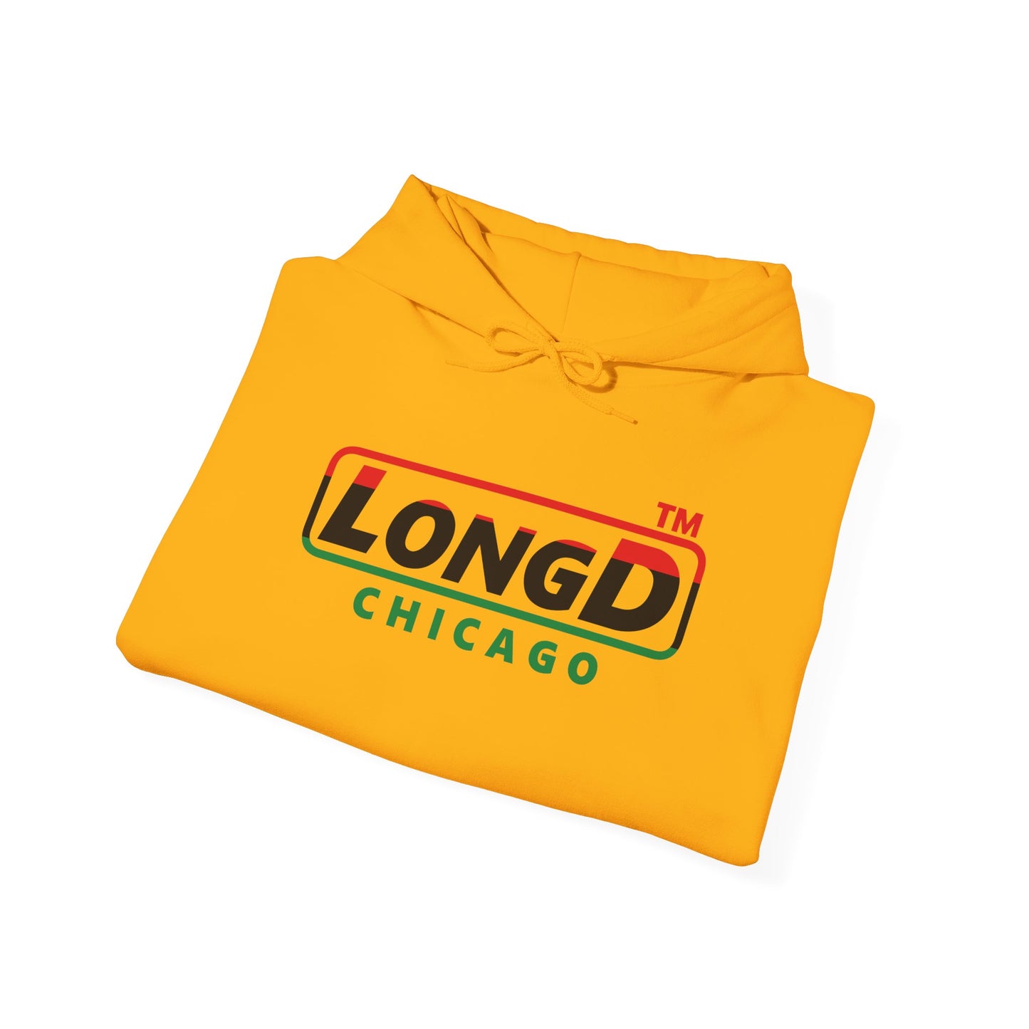 LongD® positive horizontal 3-striped Chicago logo Hoodie (Juneteenth colors)