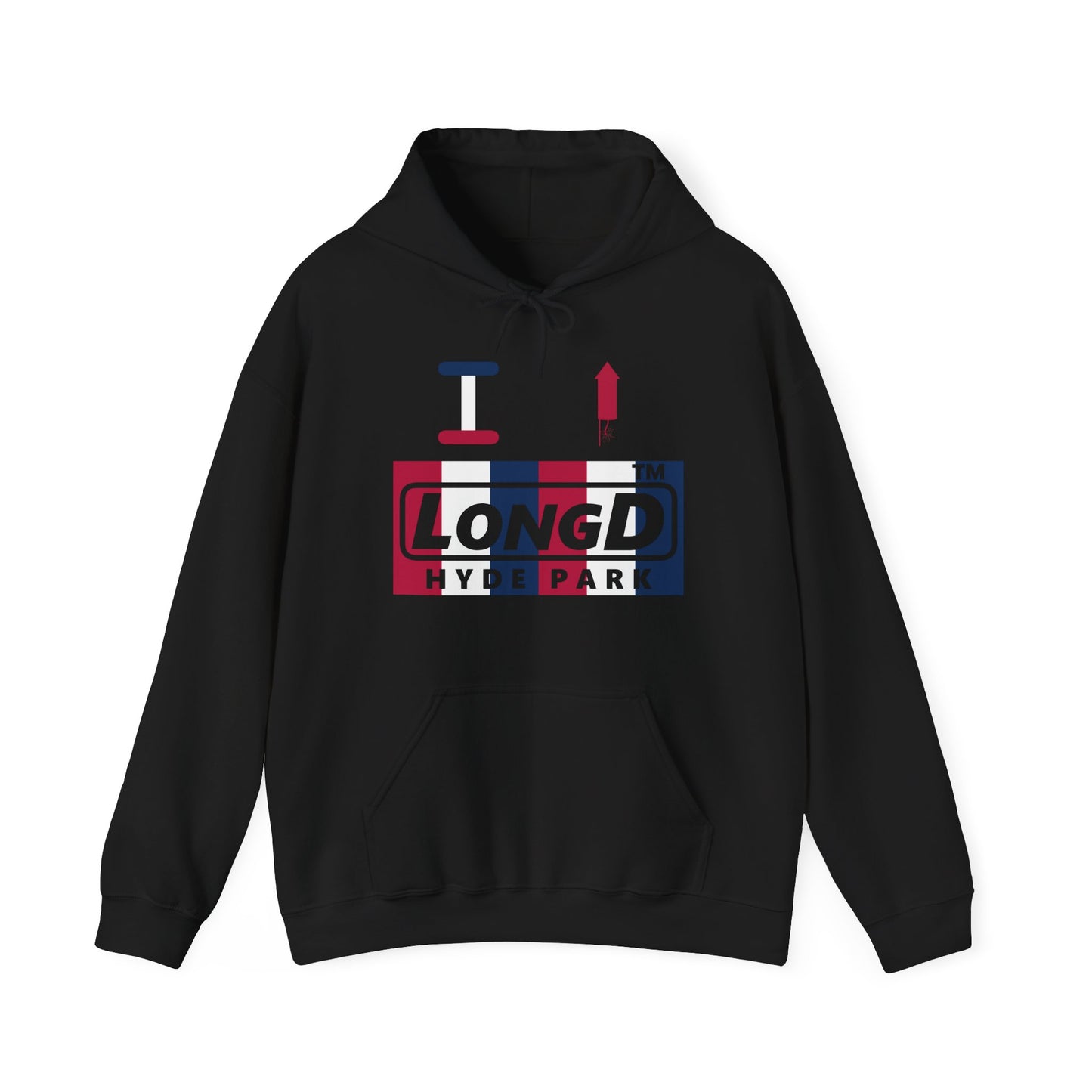 I firecracker LongD® negative vertical 6-striped Hyde Park logo hoodie