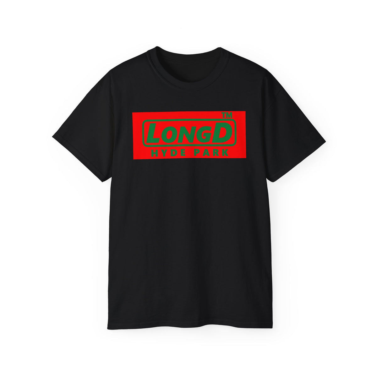 LongD Hyde Park logo positive green on negative red (Xmas colors) cotton tee