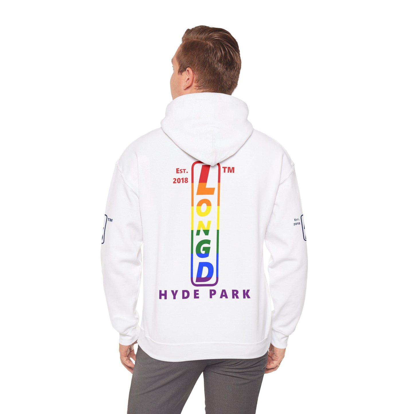 LongD® positive horizontal 6-striped Hyde Park 4-print upright logo hoodie (Pride colors)