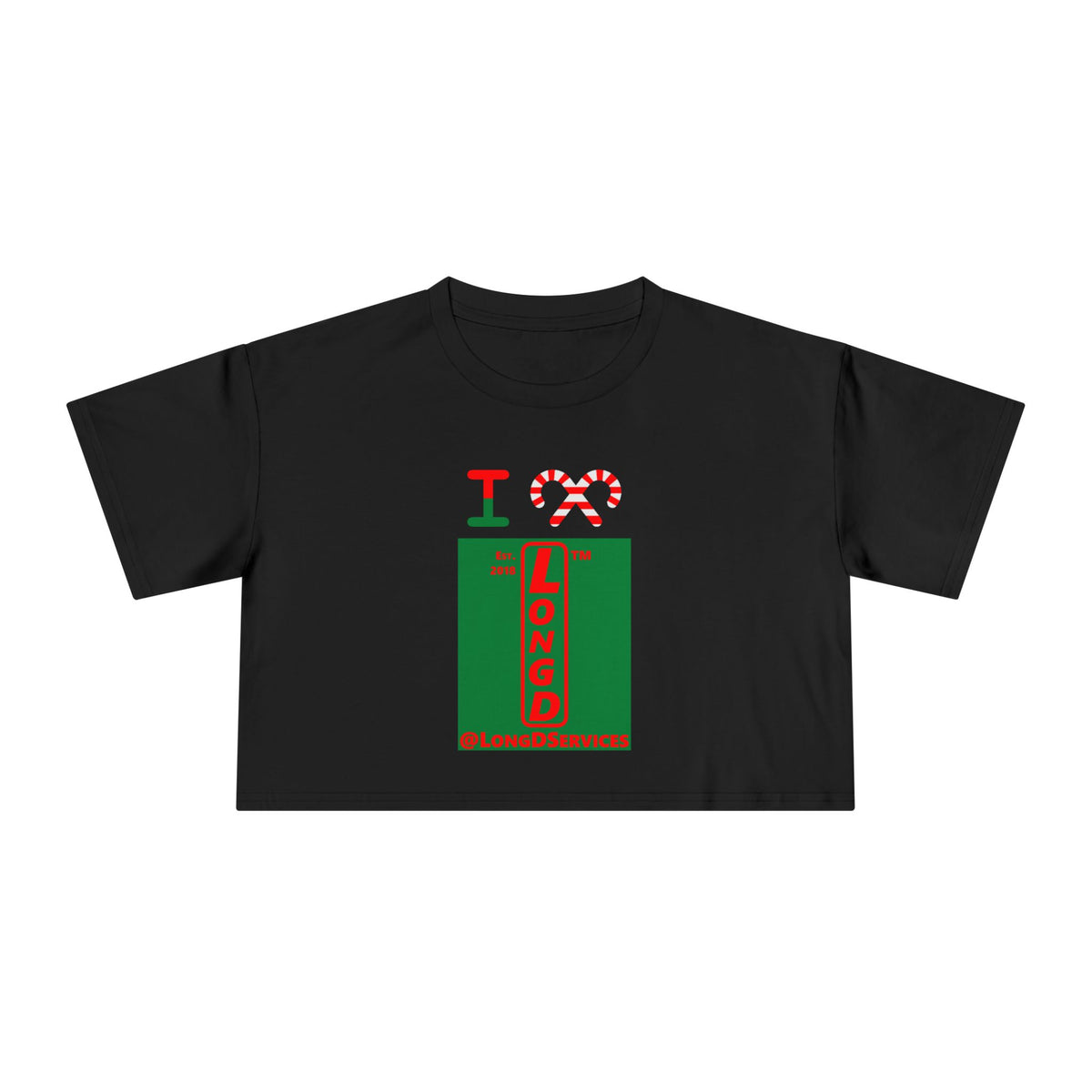 I candy cane LongD Tag upright front-back logo positive red on negative green crop tee