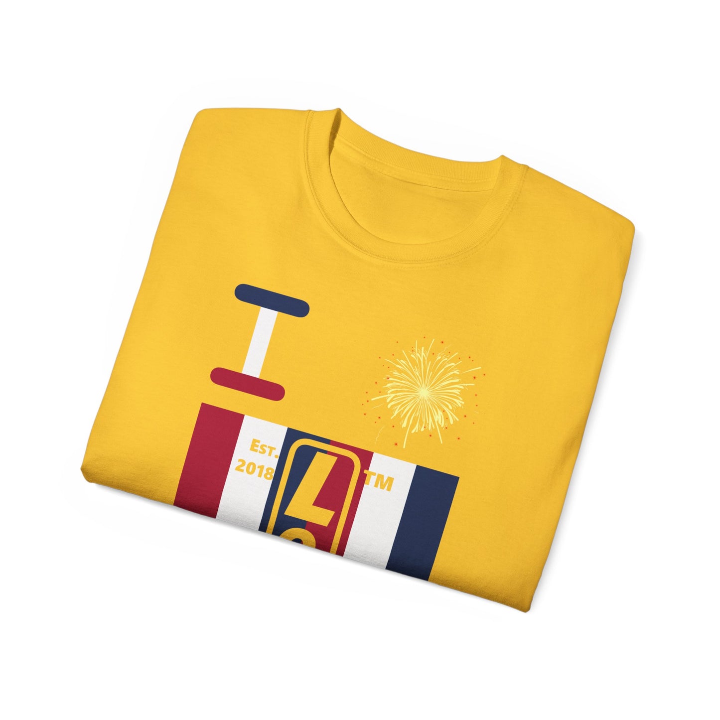 I Burst LongD cotton tee negative vertical 6-striped Hyde Park upright logo (Patriotic colors)