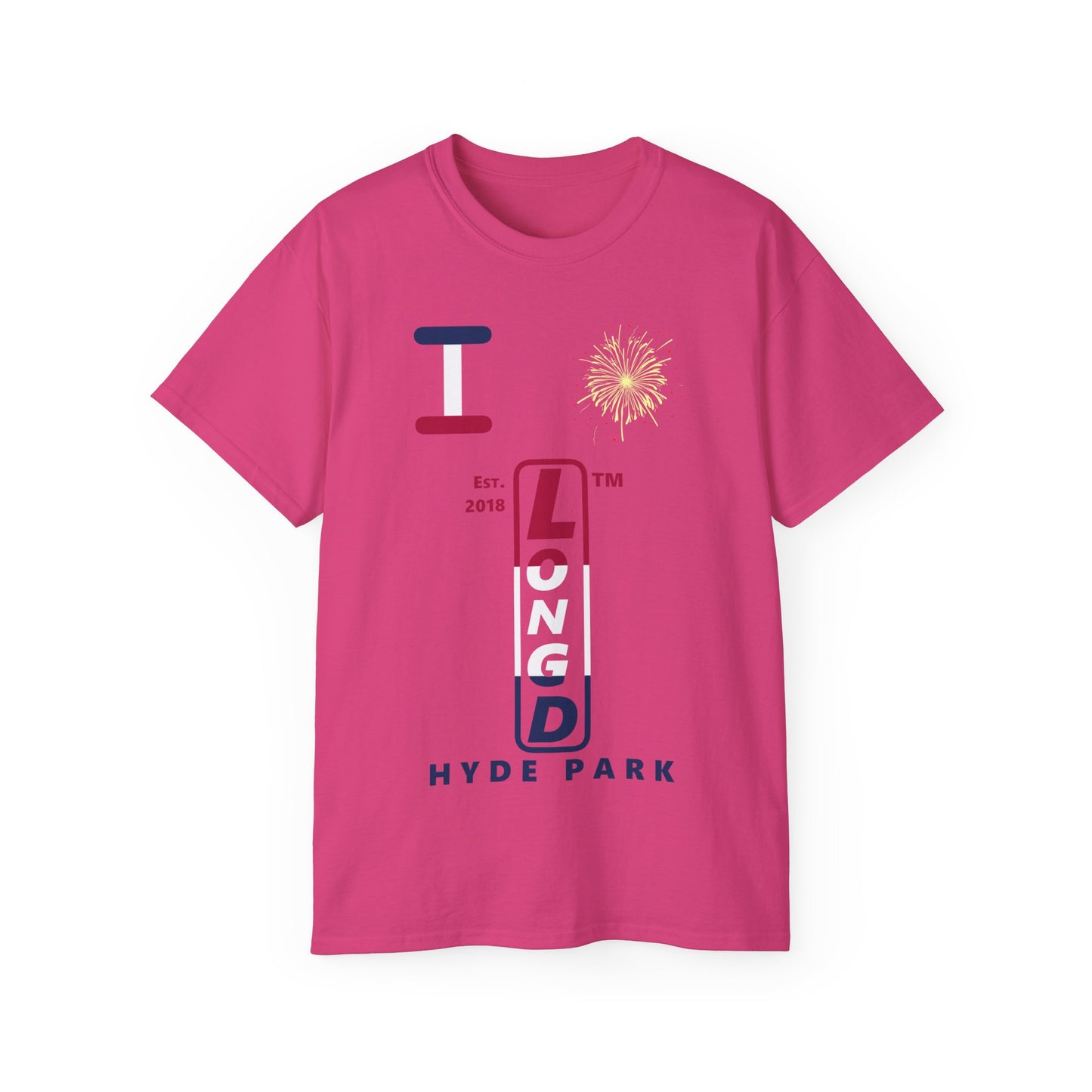 I Burst LongD cotton tee positive horizontal 3-striped Hyde Park upright logo (Patriotic colors)