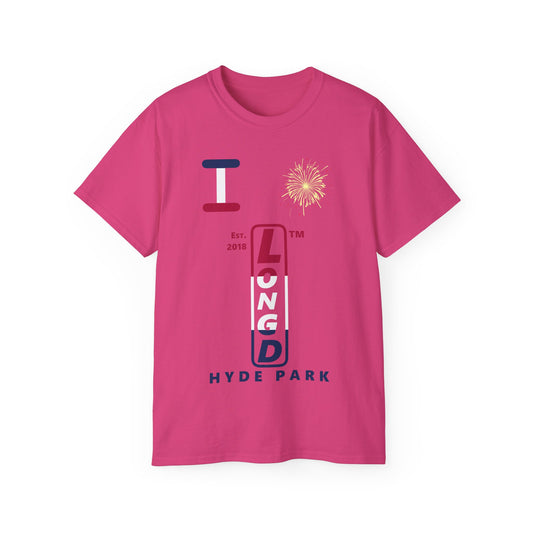 I Burst LongD cotton tee positive horizontal 3-striped Hyde Park upright logo (Patriotic colors)