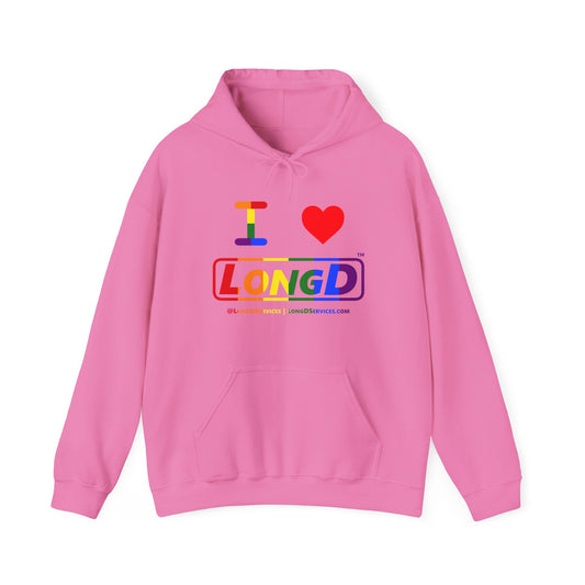 I Luv LongD® Logo Hoodie with Pride rainbow positive text