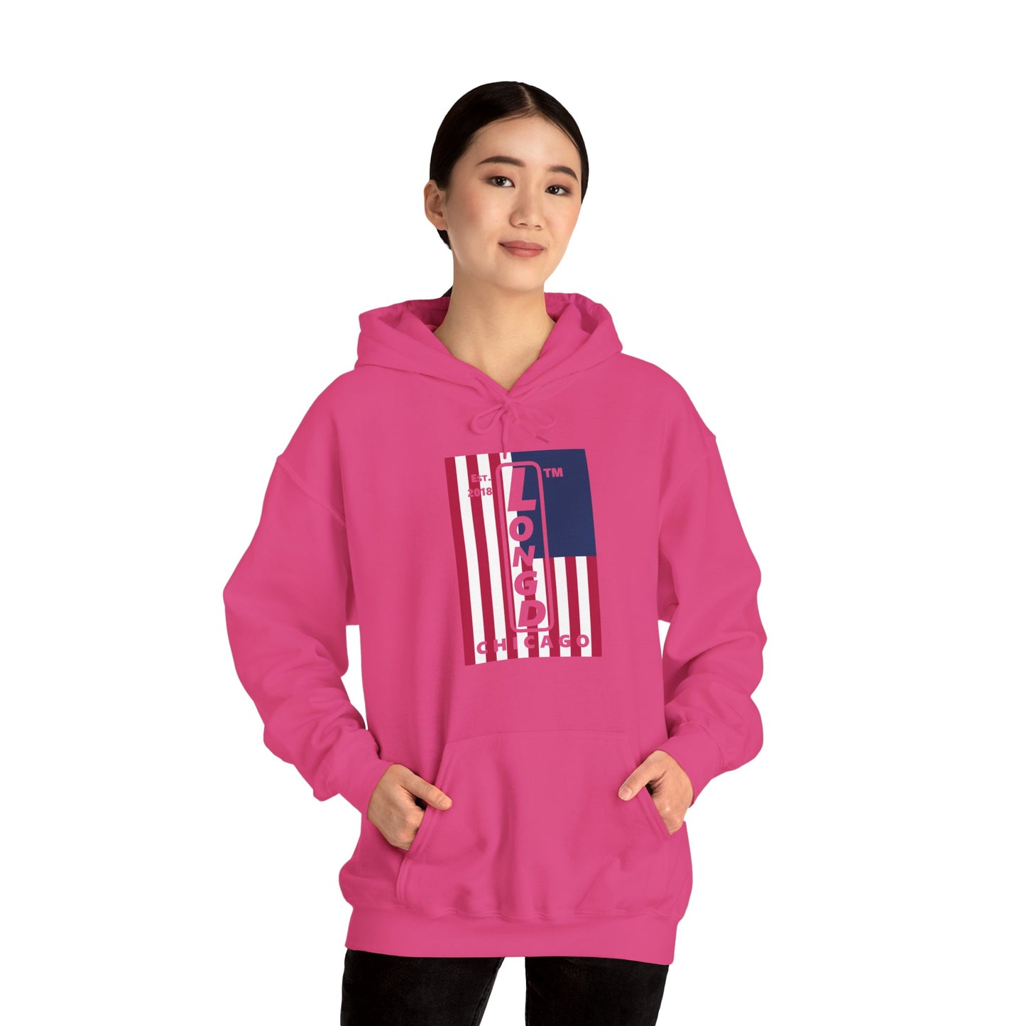 LongD® negative cropped flag upright Chicago logo hoodie