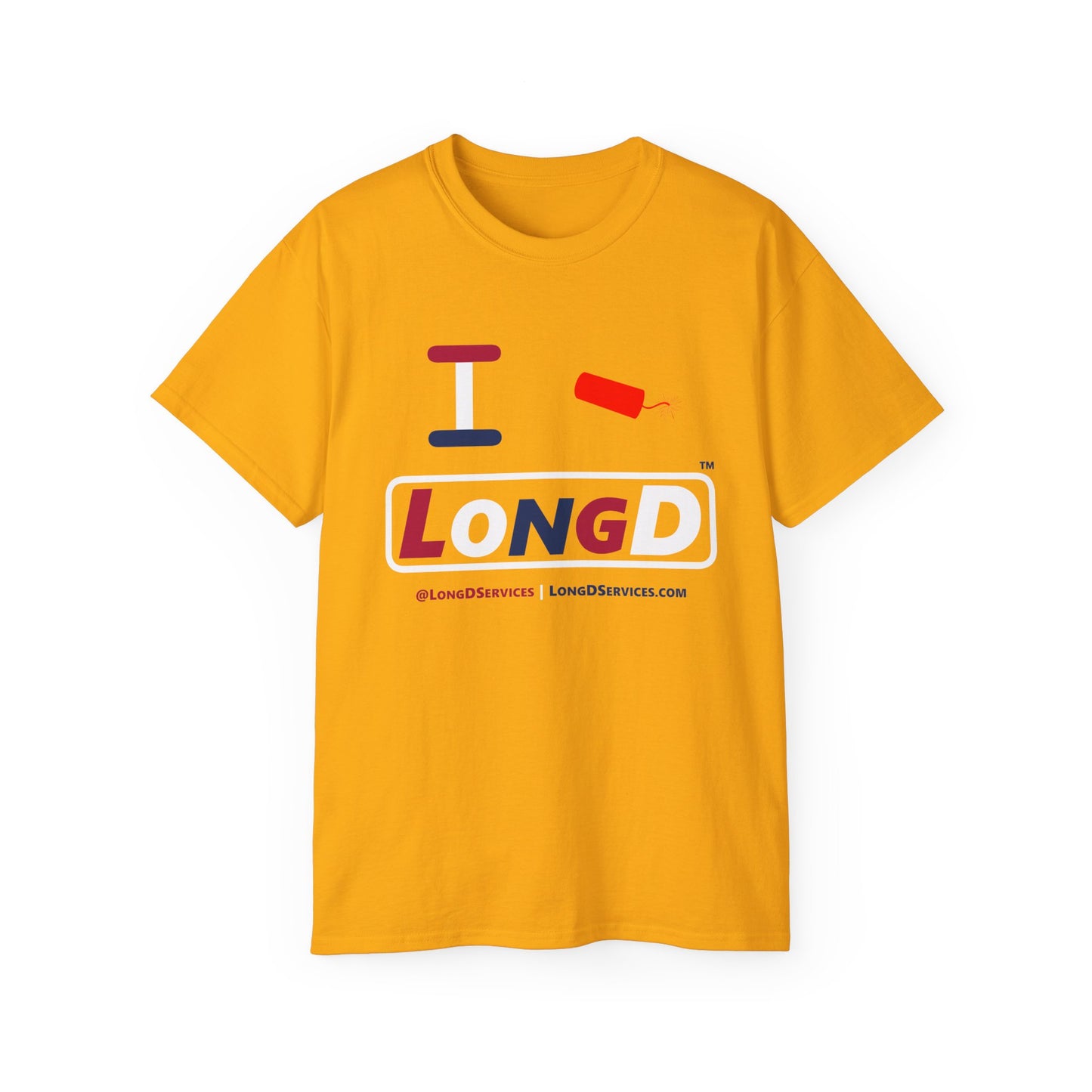 I Firecracker LongD® Logo Cotton Tee Red, White and Blue positive varied elements text
