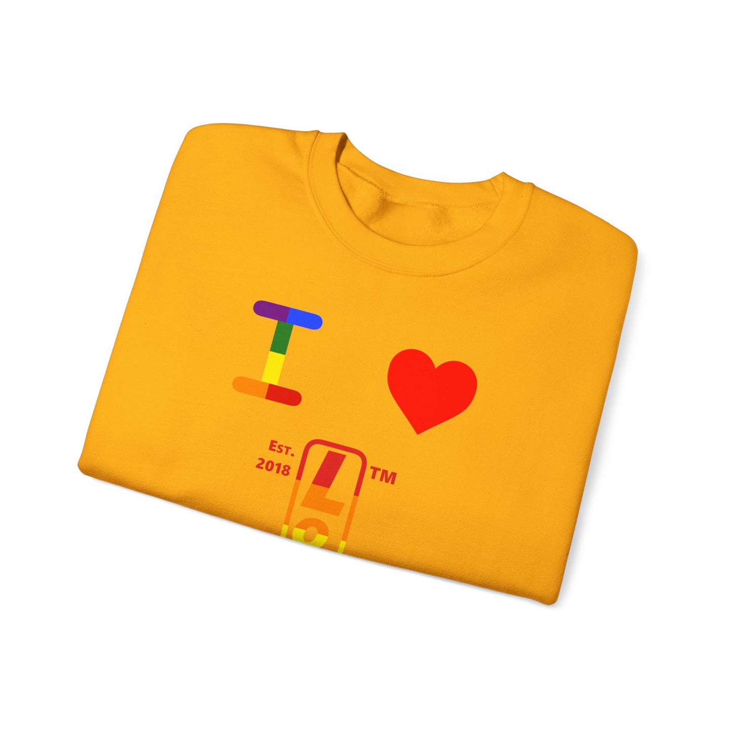 I Luv LongD positive horizontal 6-striped Hyde Park upright logo crewneck sweatshirt (Pride colors)
