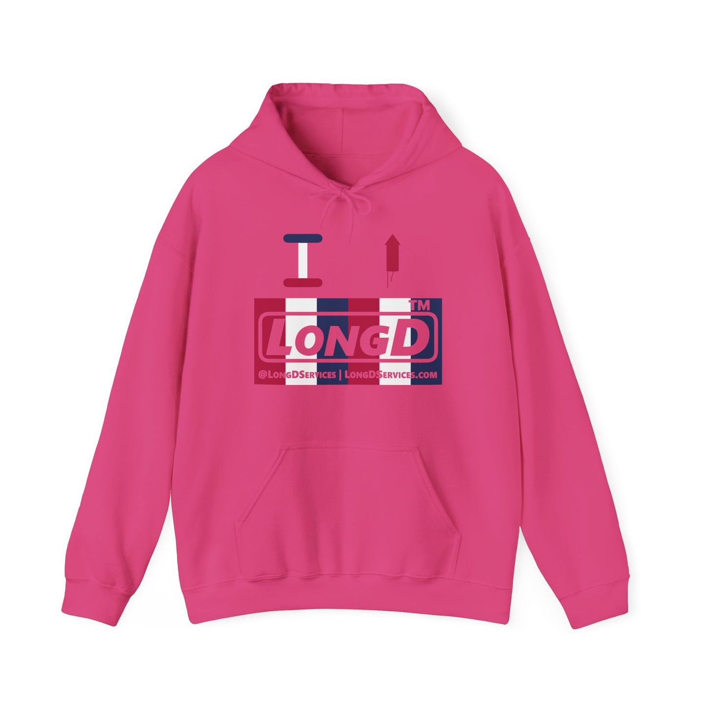 I firecracker LongD® negative vertical 6-striped tag-domain logo hoodie
