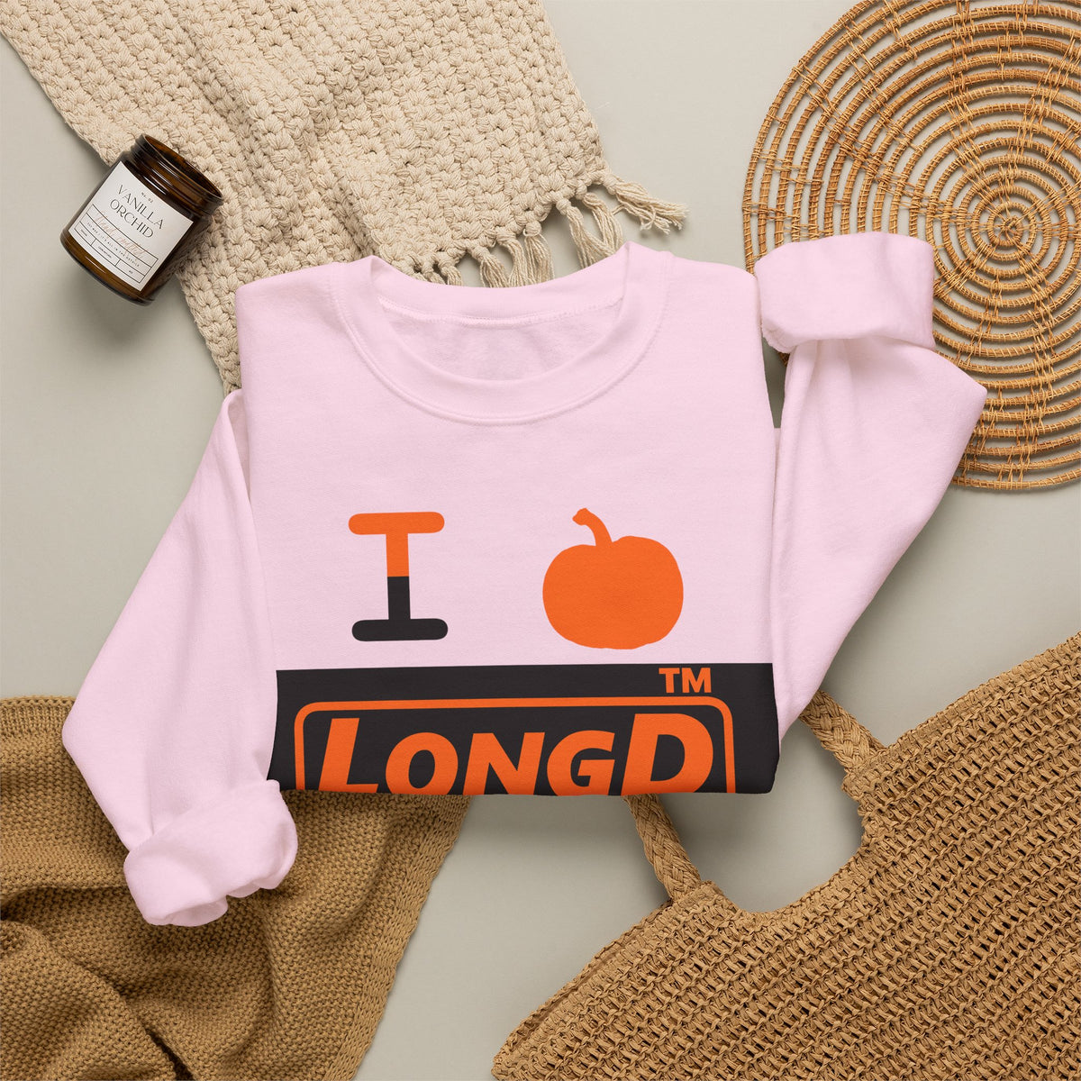 I pumpkin LongD Hyde Park logo positive orange on negative black crewneck sweatshirt