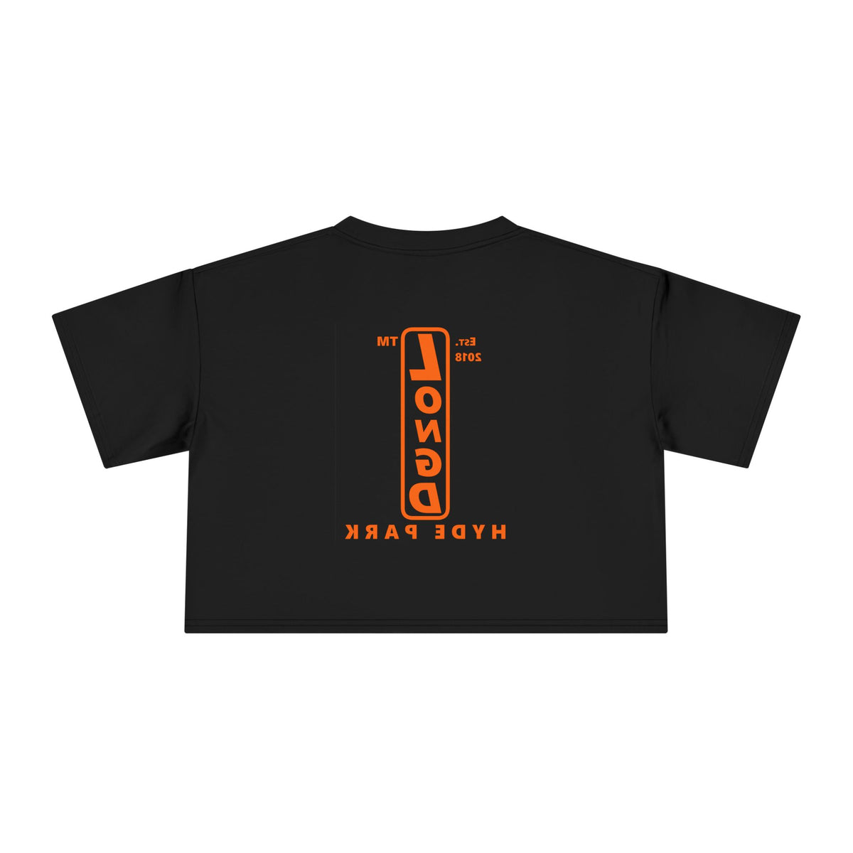 LongD Hyde Park upright front-back logo orange (FE7518) on Black (000000) crop tee