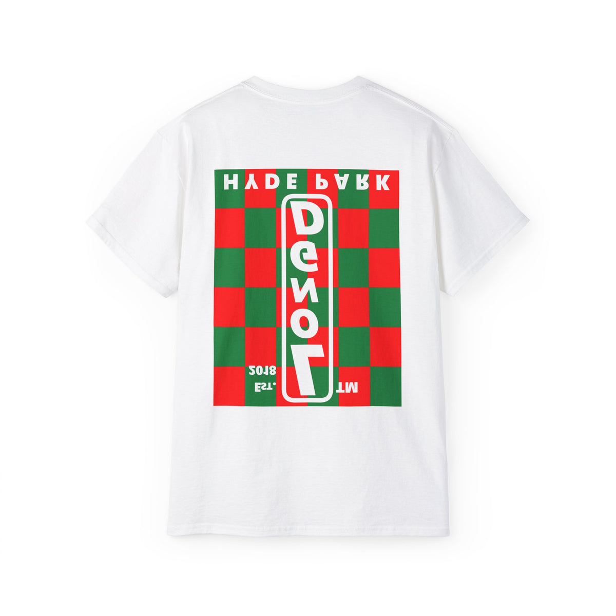LongD Hyde Park negative upright checkered front-back logo (Xmas colors) cotton tee