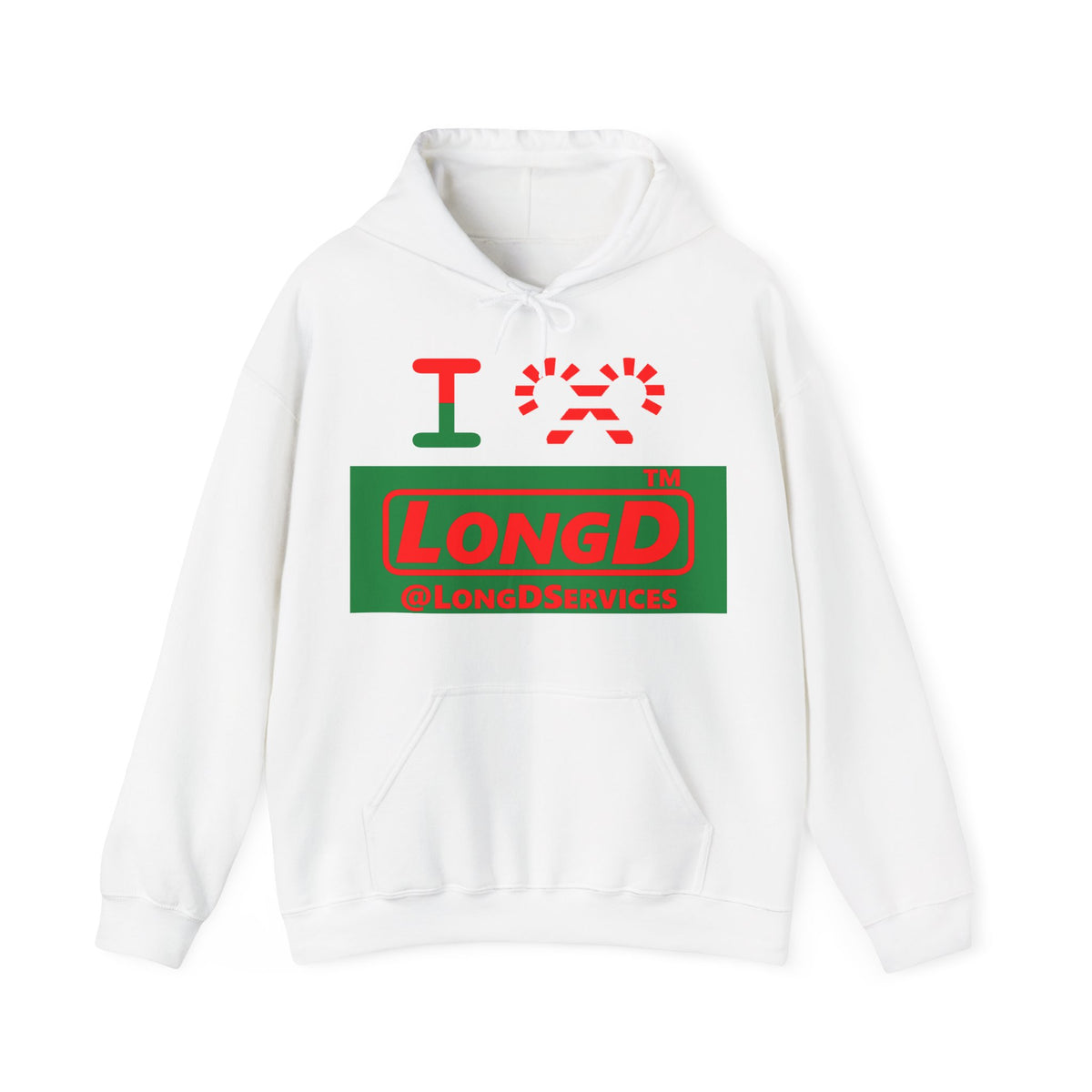 I candy cane LongD Tag logo positive red on negative green hoodie
