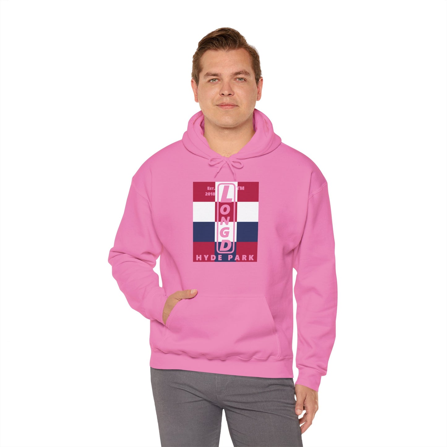 LongD® negative 4x3 upright Hyde Park logo hoodie (Patriotic colors)