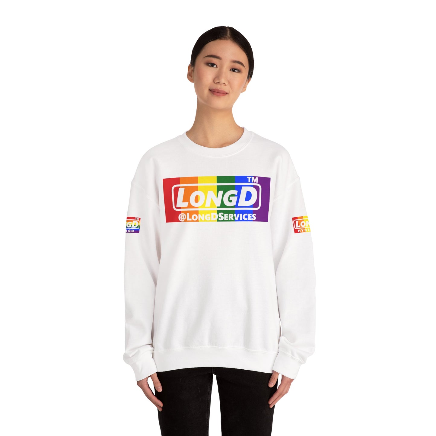 LongD official basic 4-print tag logo crewneck sweatshirt with Pride heart