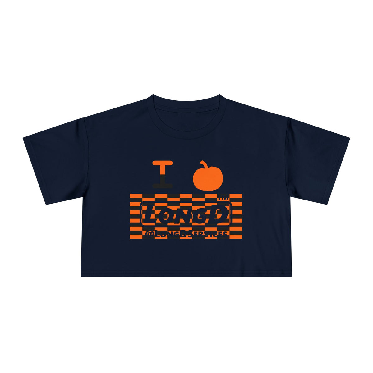 I pumpkin LongD Tag negative tiled logo crop tee
