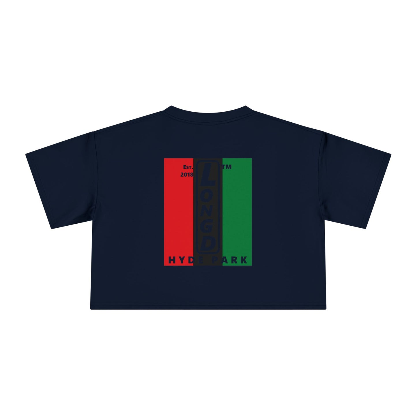 Negative vertical 3-striped upright front-back Hyde Park logo crop tee (Juneteenth colors)