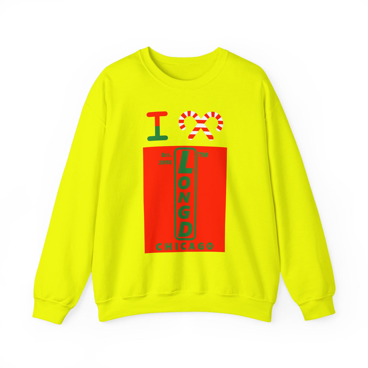 I candy cane LongD Chicago upright logo positive green on negative red crewneck sweatshirt
