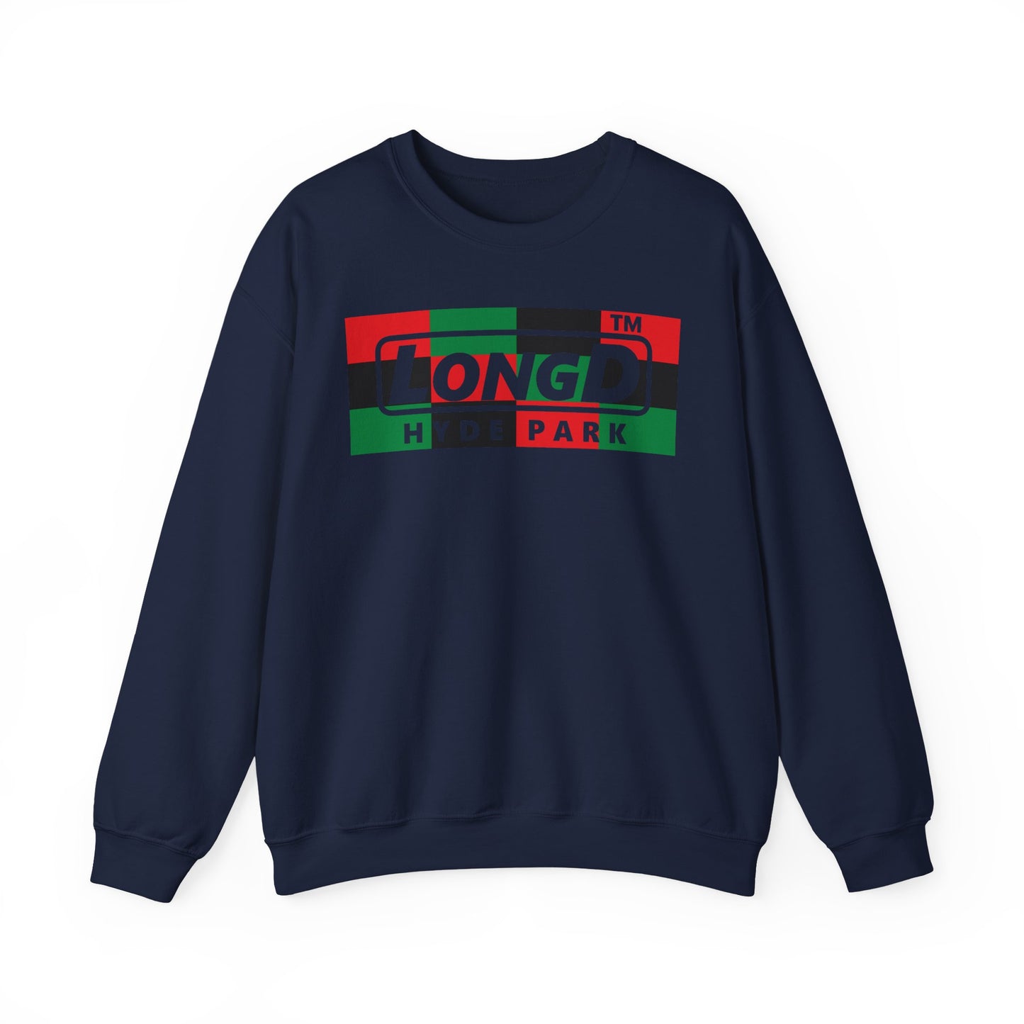 LongD negative 3x4 Hyde Park logo crewneck sweatshirt (Juneteenth colors)