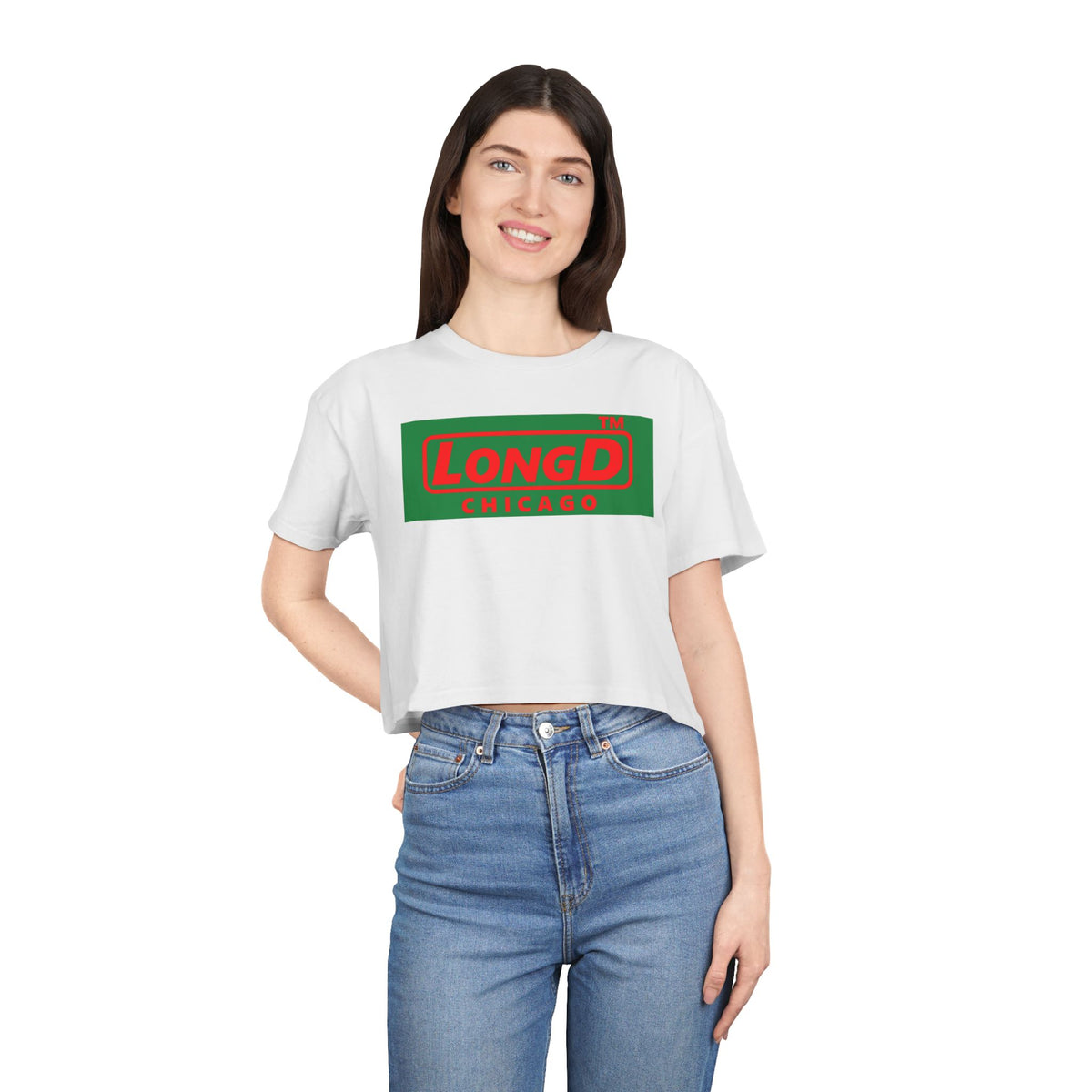 LongD Chicago logo positive red on negative green (Xmas colors) crop tee