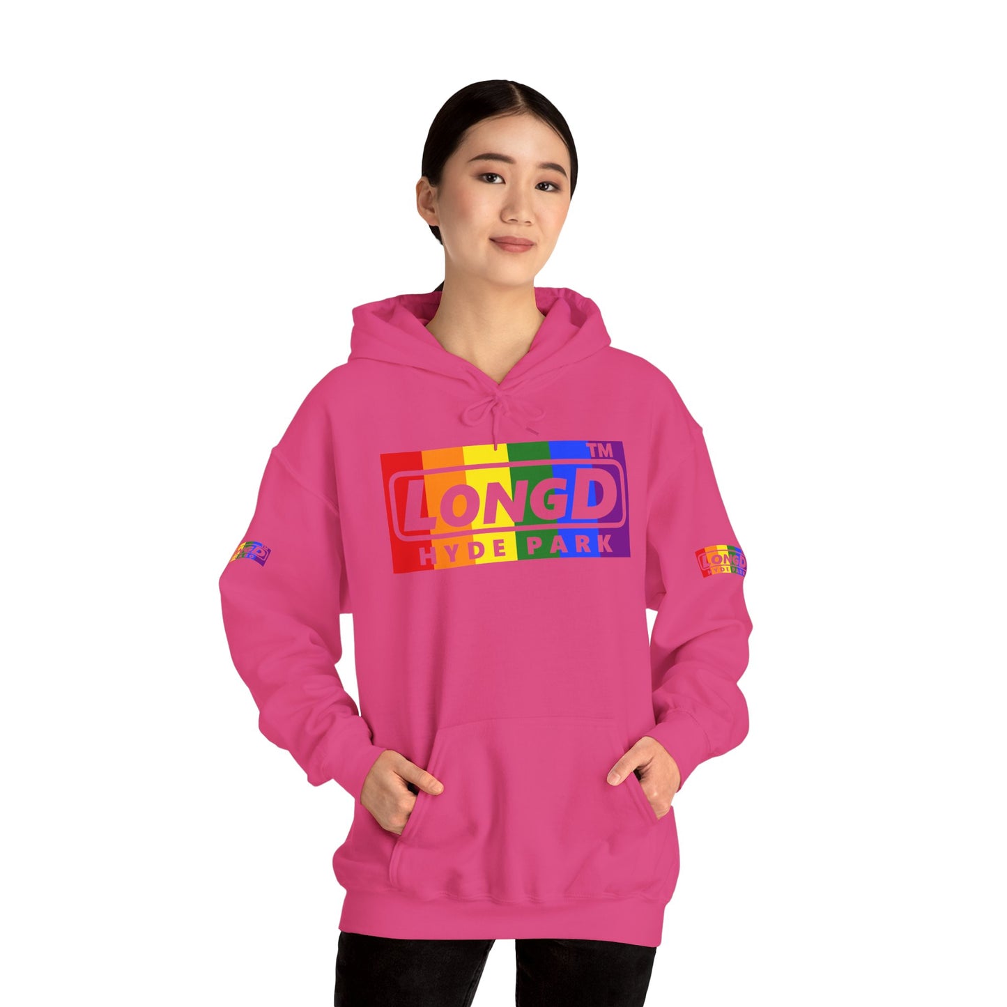 LongD® negative vertical striped 4-print Hyde Park logo hoodie (Pride colors)