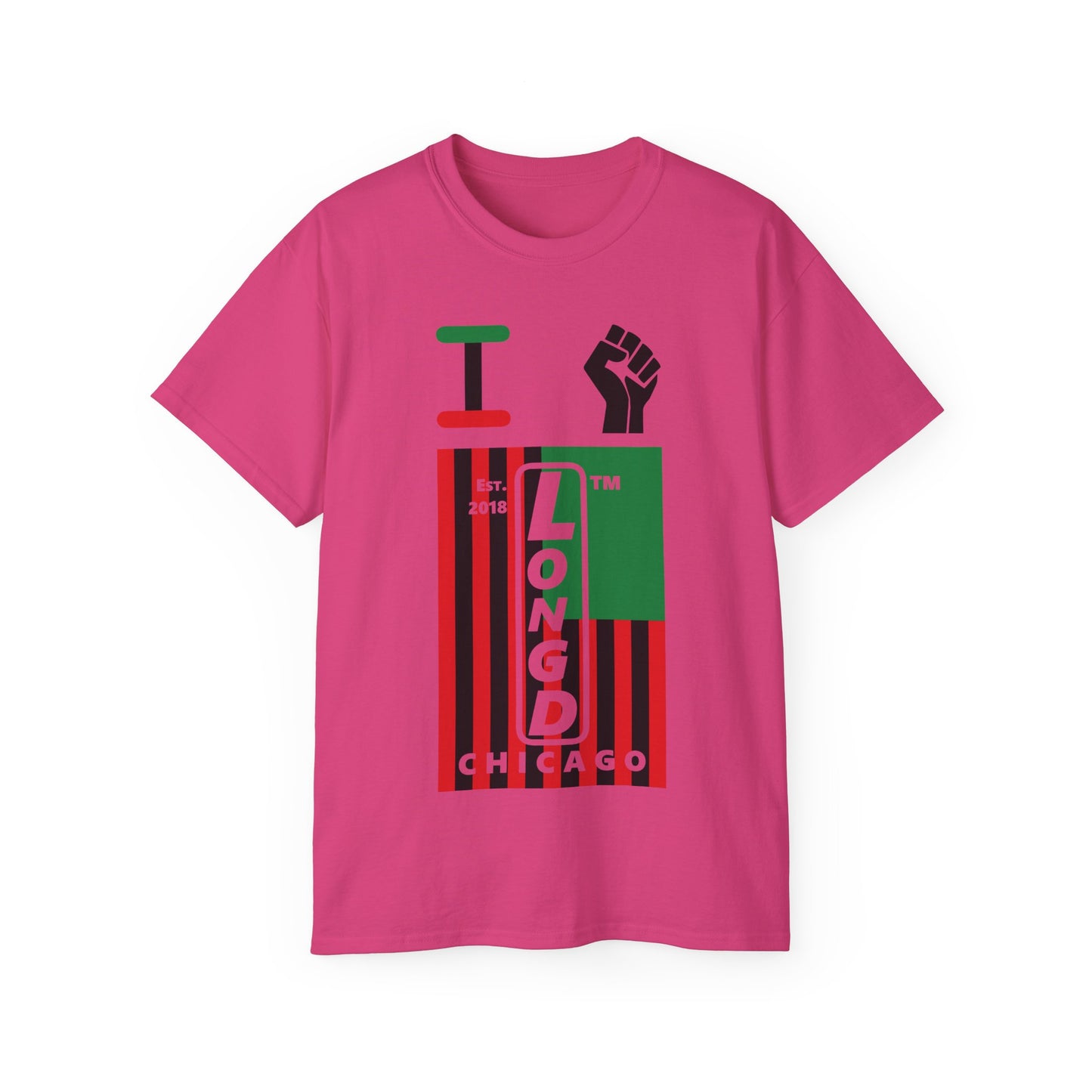 I fist LongD Cotton Tee negative flag Chicago upright logo (Juneteenth colors)