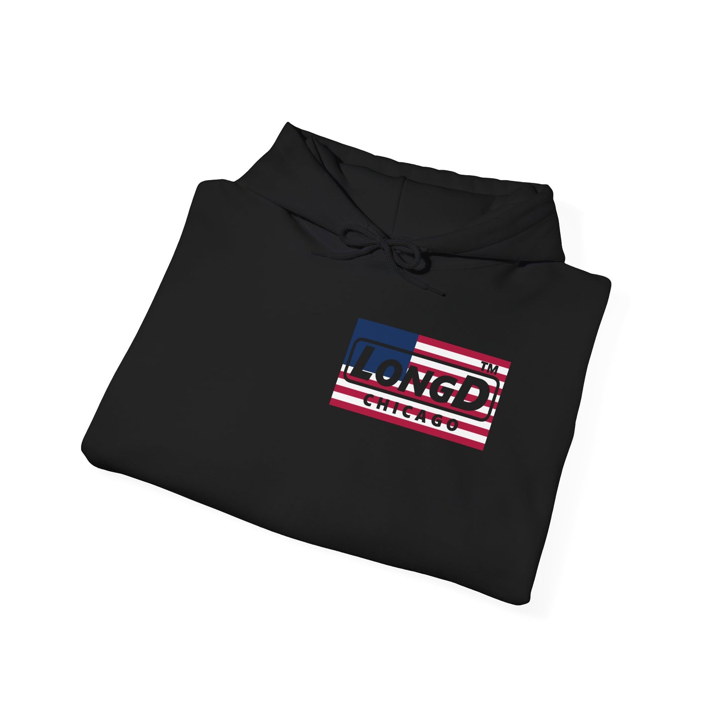 LongD® negative flag front-back single breasted Chicago logo hoodie (patriotic colors)