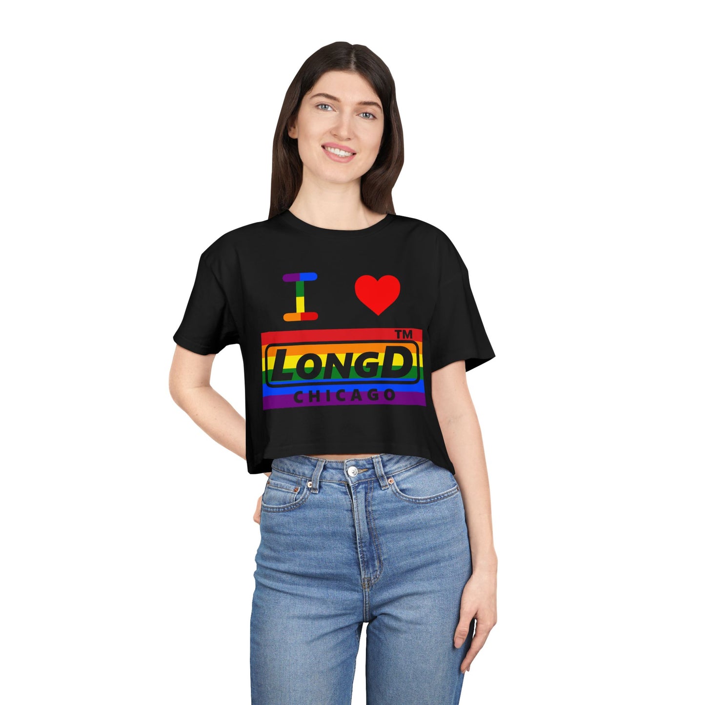 I Luv LongD negative horizontal 6-striped Chicago logo crop tee (Pride colors)