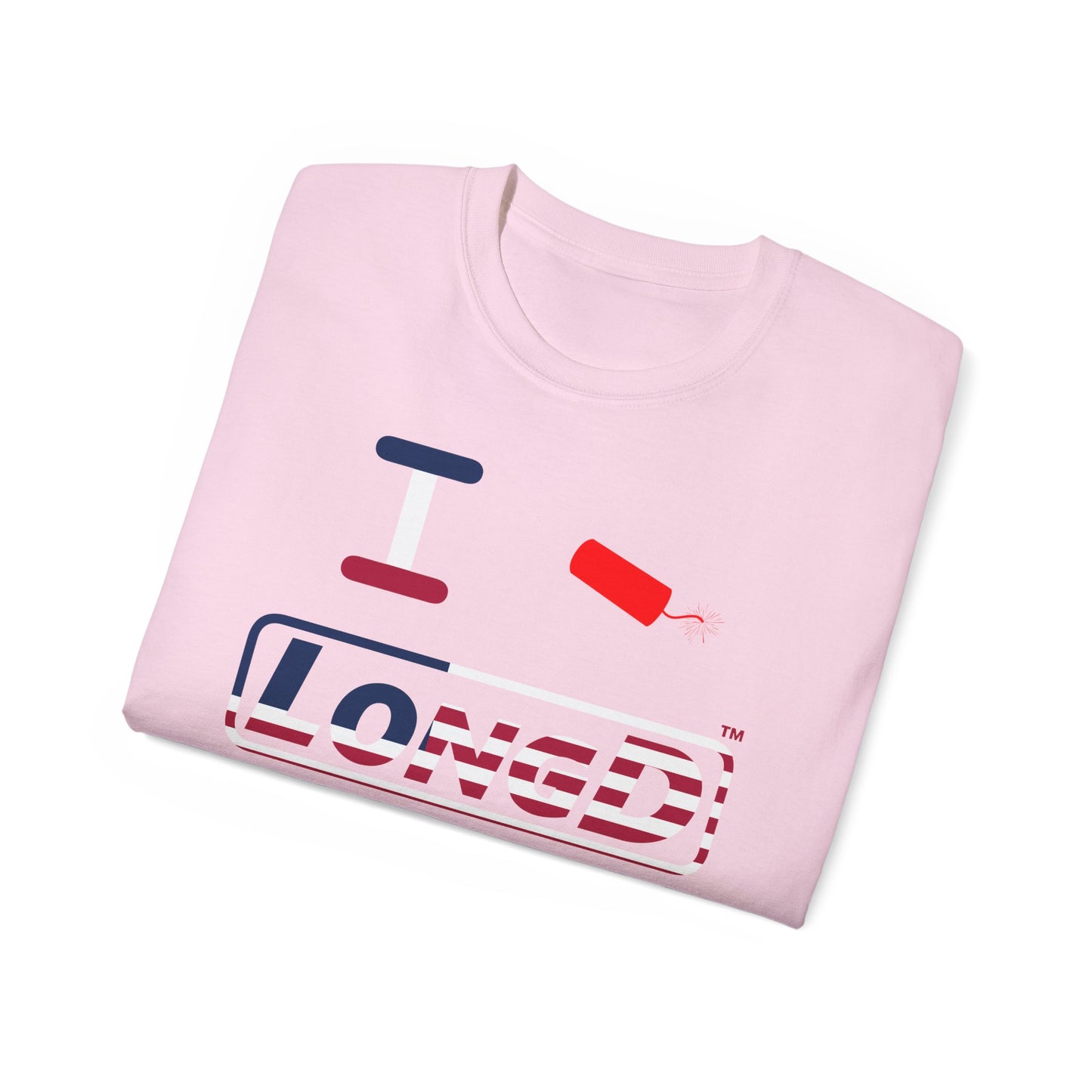 I Firecracker LongD® Logo Cotton Tee Red, White and Blue positive flag