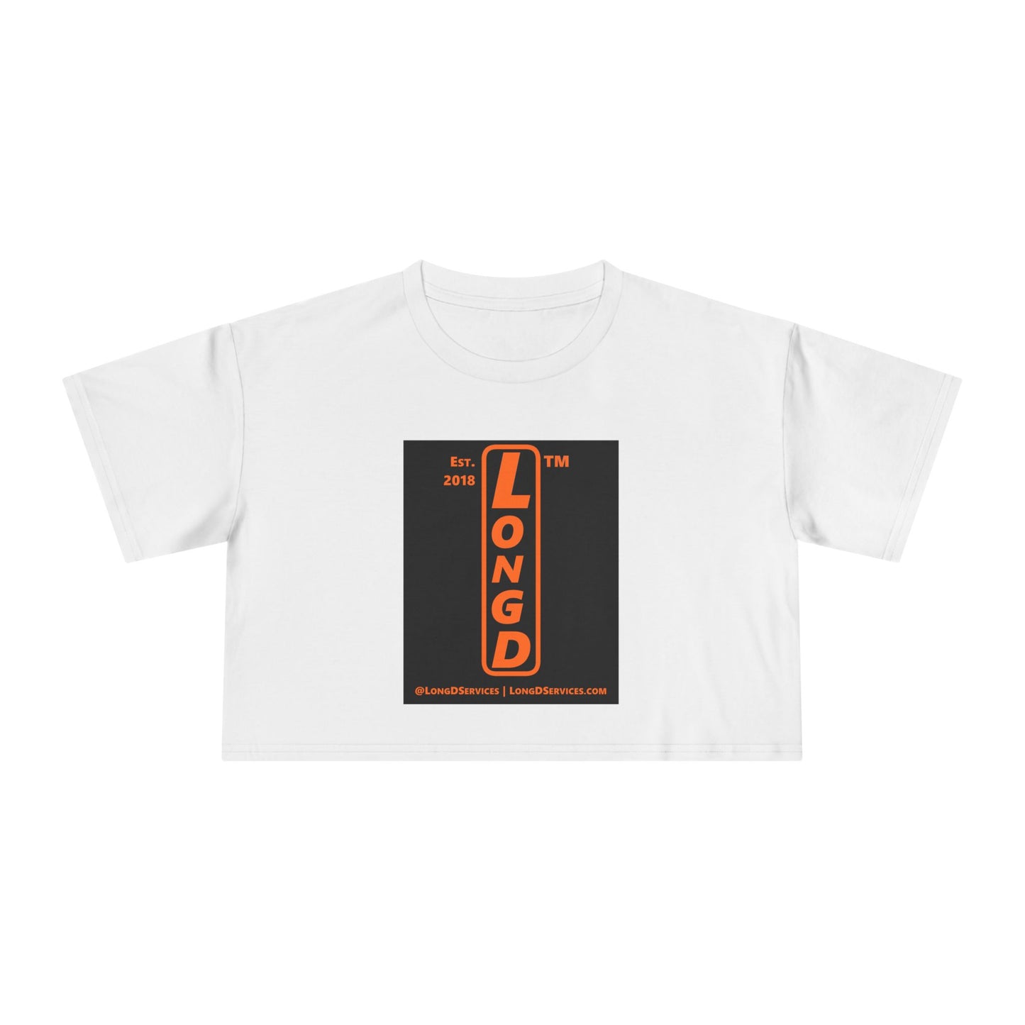 LongD Tag-domain upright front-back logo orange (FE7518) on Black (000000) crop tee