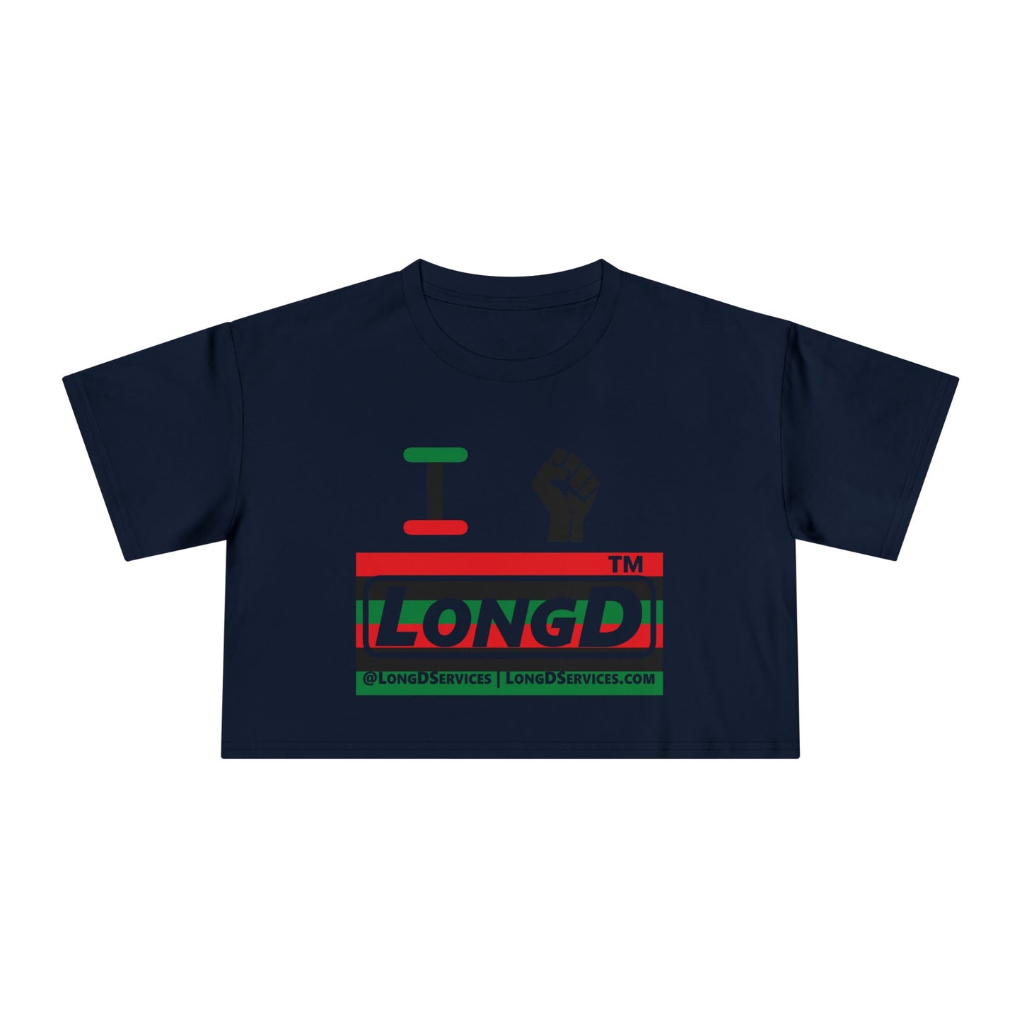 I fist LongD negative horizontal 6-striped front-back tag-domain logo crop tee
