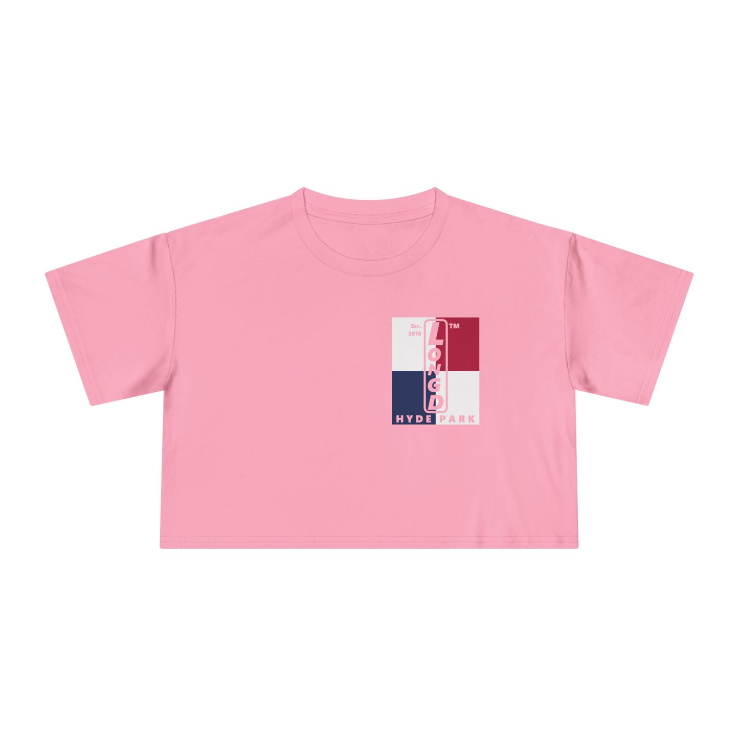 Negative quarters upright single-breasted Hyde Park logo crop tee (Patriotic colors)