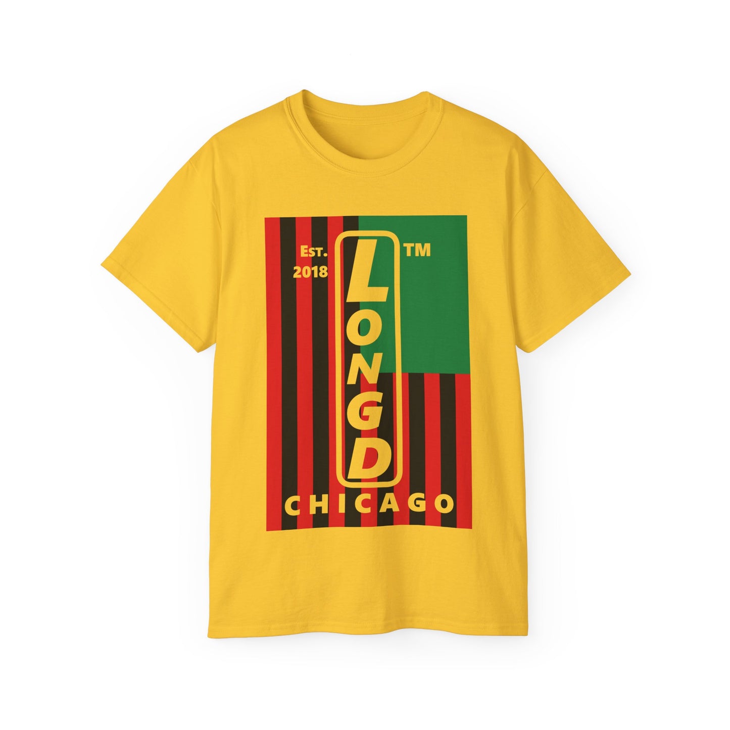 LongD Cotton Tee negative flag Chicago upright logo (Juneteenth colors)
