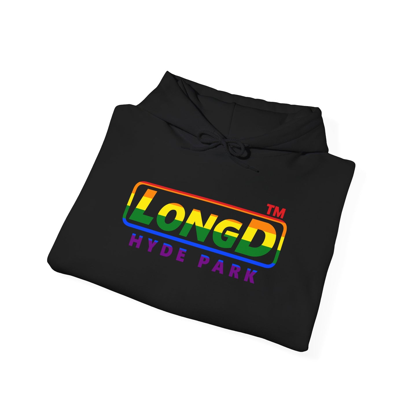 LongD® positive horizontal striped Hyde Park logo hoodie (Pride colors)