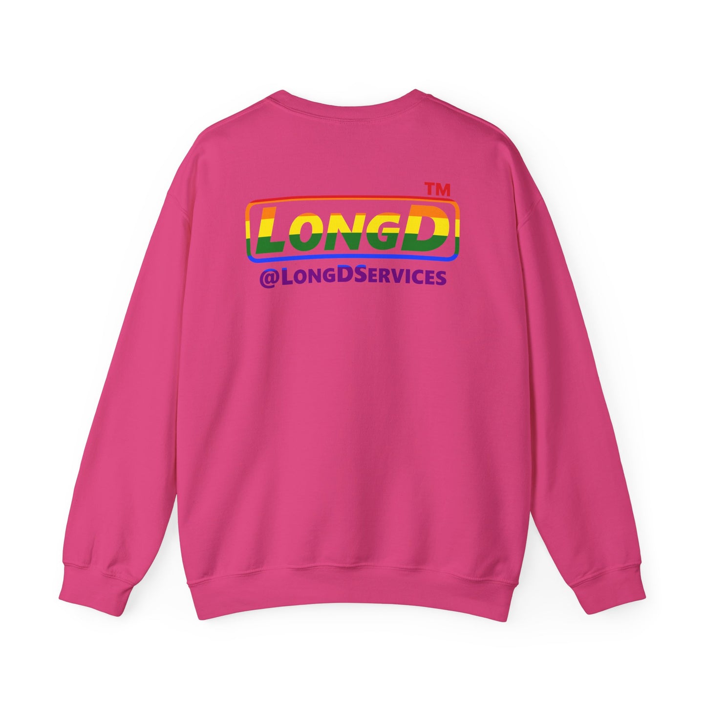 LongD positive horizontal striped front-back Hyde Park logo crewneck sweatshirt (Pride colors)