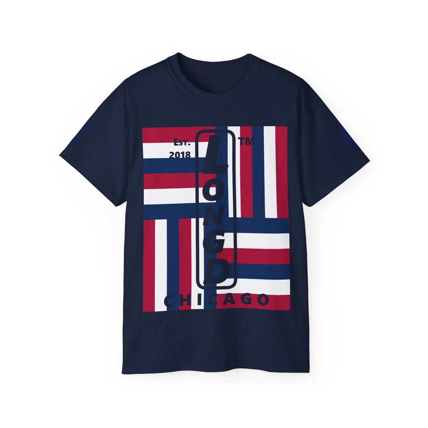 LongD cotton tee negative windmill 4-print Chicago upright logo (Patriotic colors)