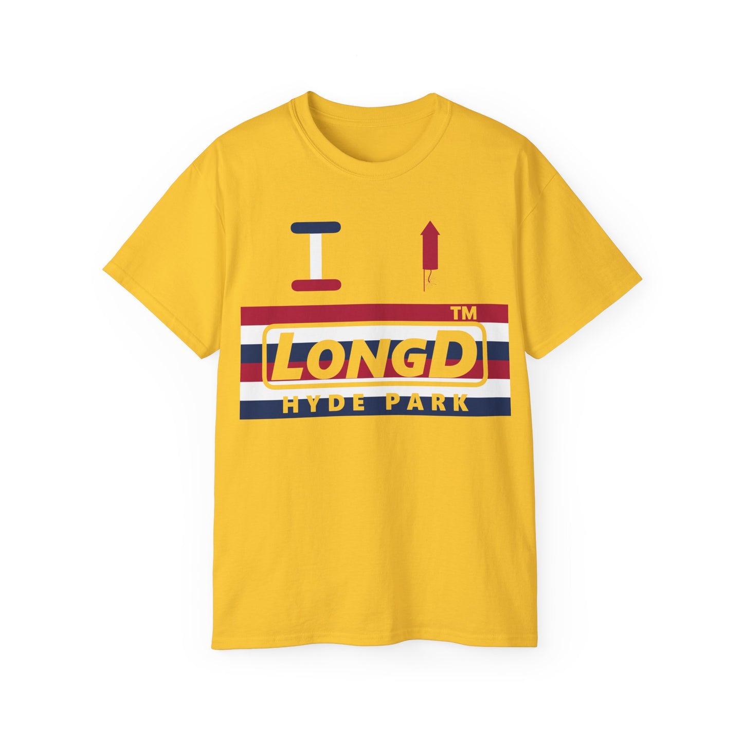 I firecracker LongD negative horizontal 6-striped Hyde Park logo cotton tee