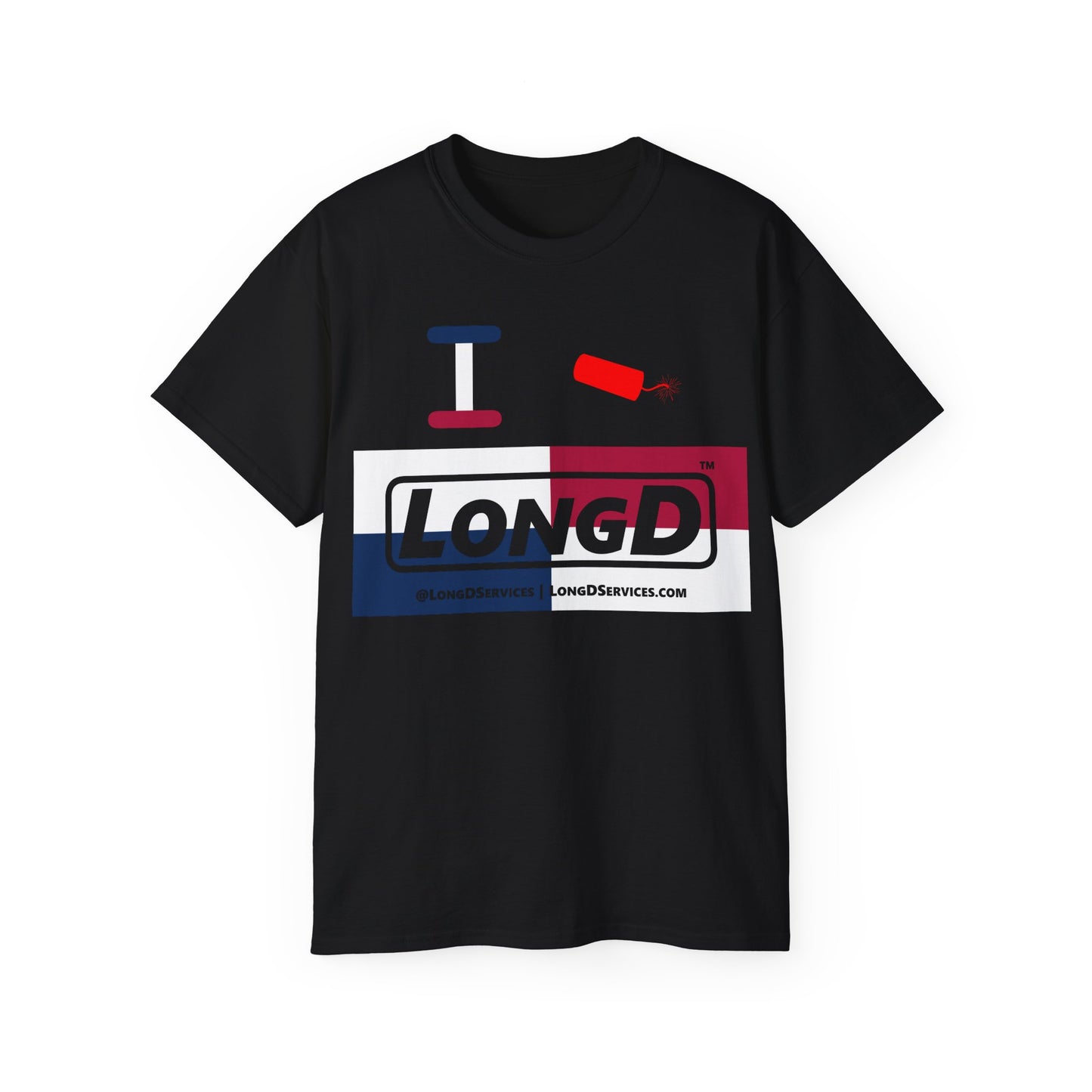 I Firecracker LongD® Logo Cotton Tee Red, White and Blue negative quarters text