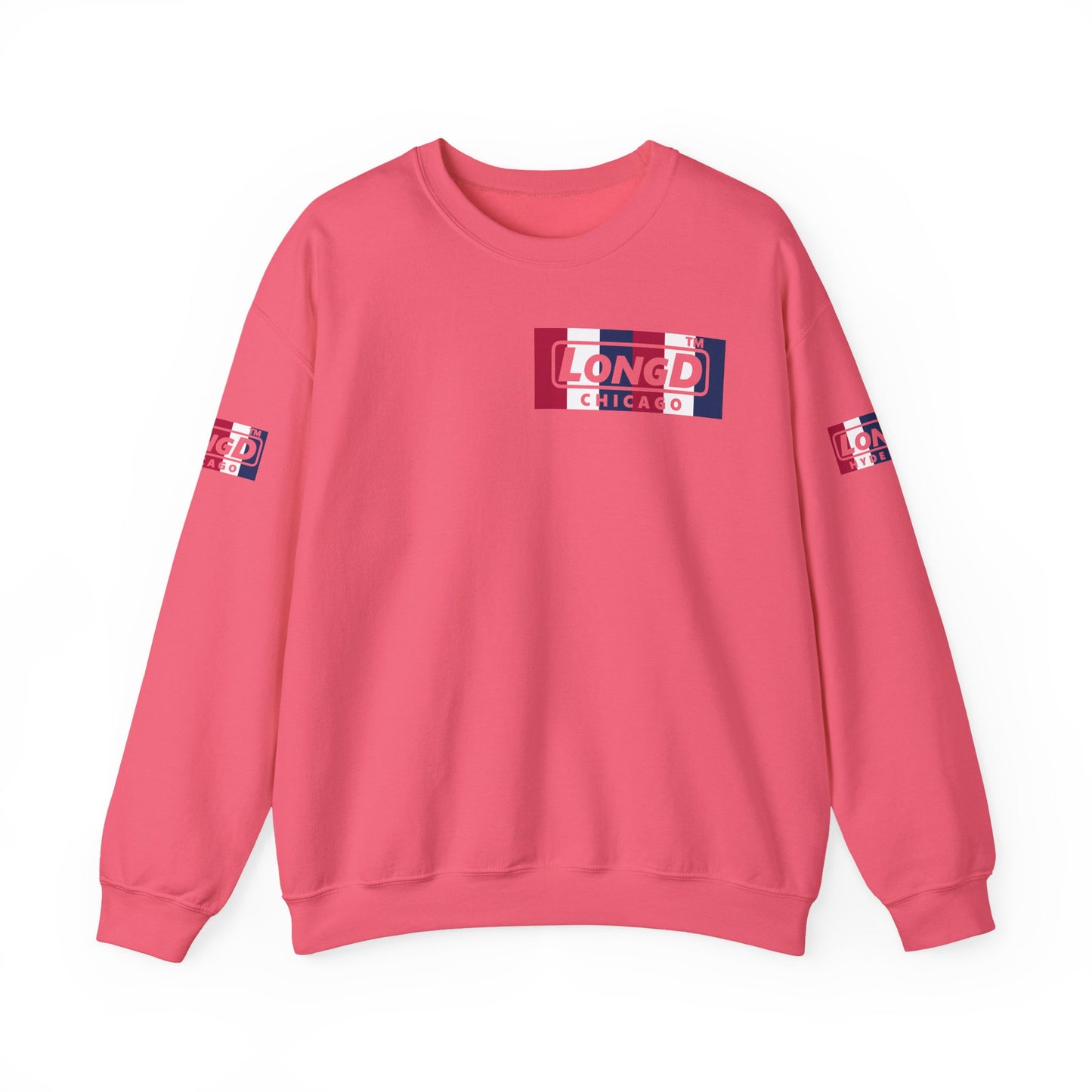 LongD negative vertical 6-striped 4-print single-breasted Chicago logo crewneck sweatshirt (patriotic colors)